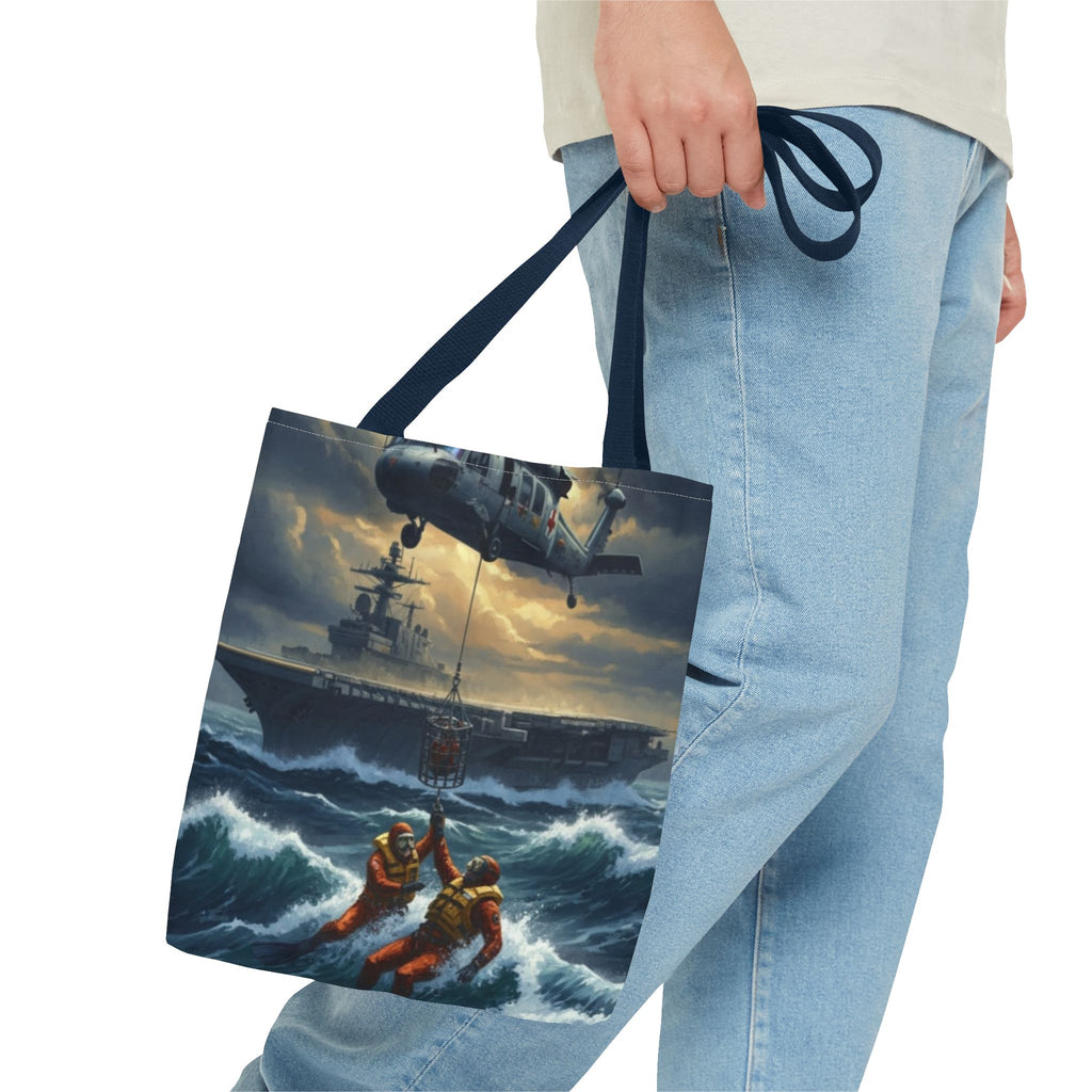 Rescue Squadron Tote Bag – Military Helicopter & Ship Search and Rescue Artwork