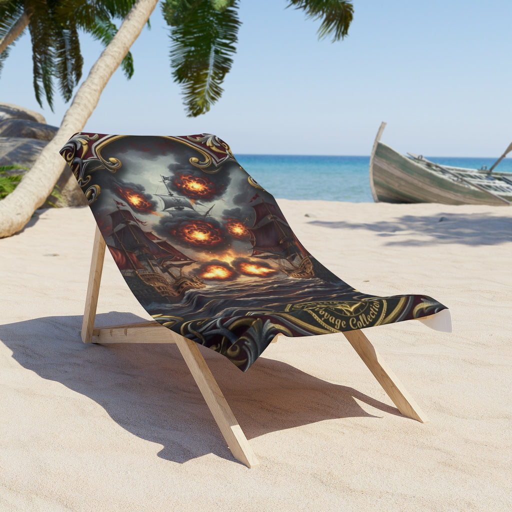 Pirate Armada Beach Towel — Flaming Cannonball Ship Skull Design