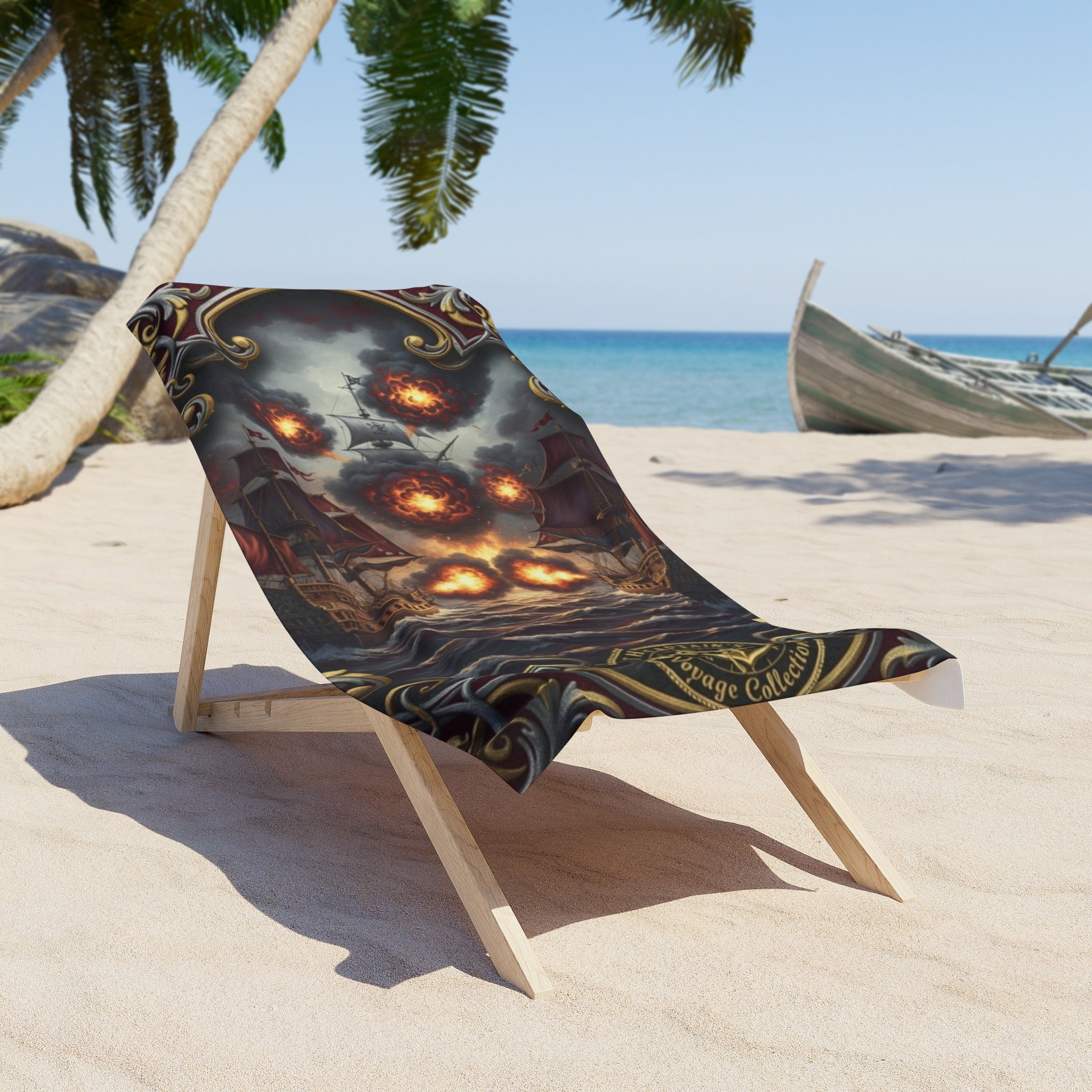 Pirate Armada Beach Towel — Flaming Cannonball Ship Skull Design