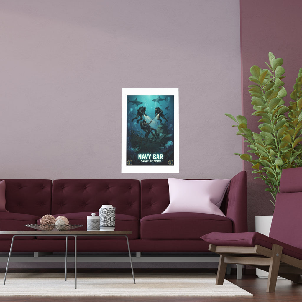 Navy SAR Silk Poster — 'Knows No Limits' Underwater Diver Rescue Art