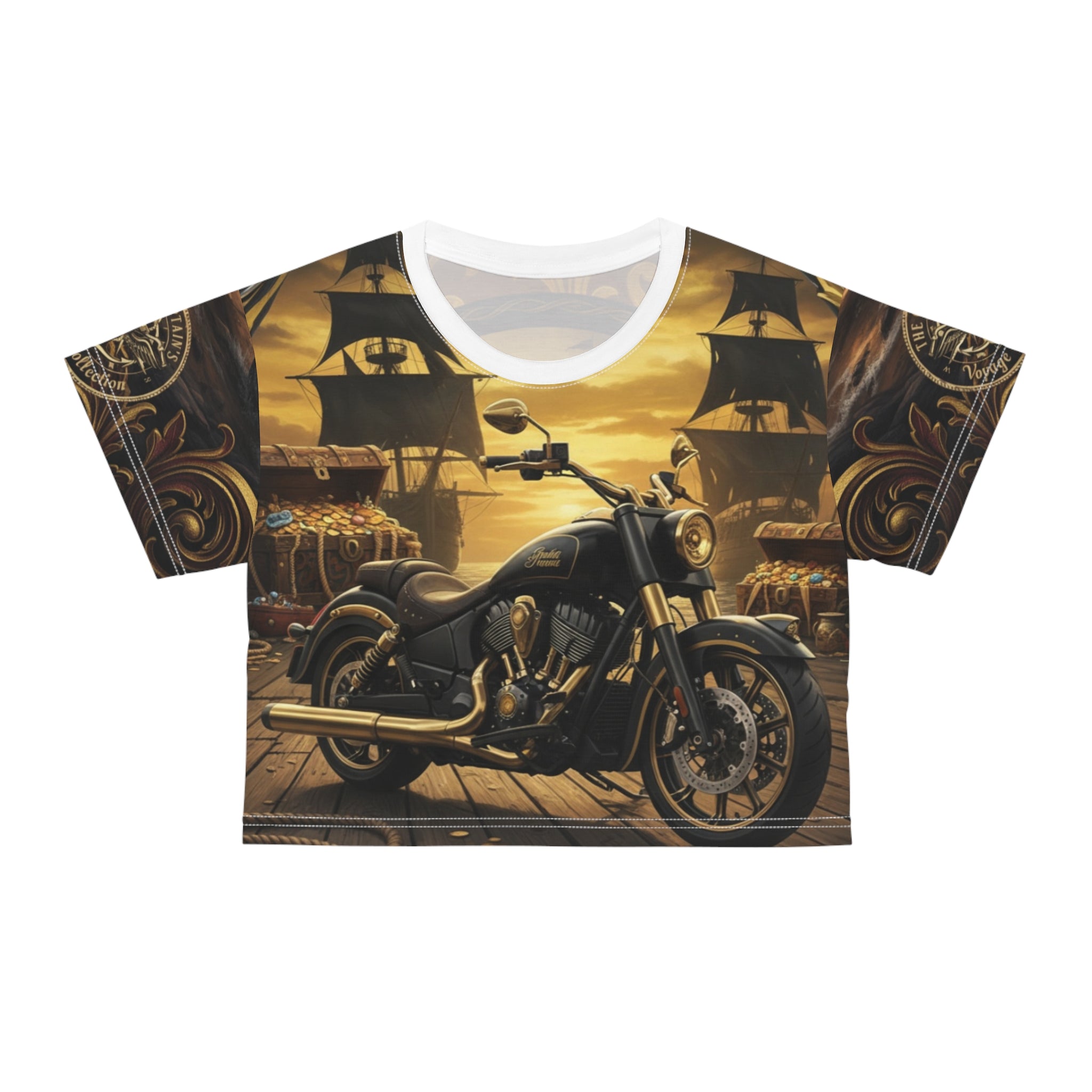 Motorcycle Pirate Ship Crop Tee — Vintage Biker Nautical Graphic Top