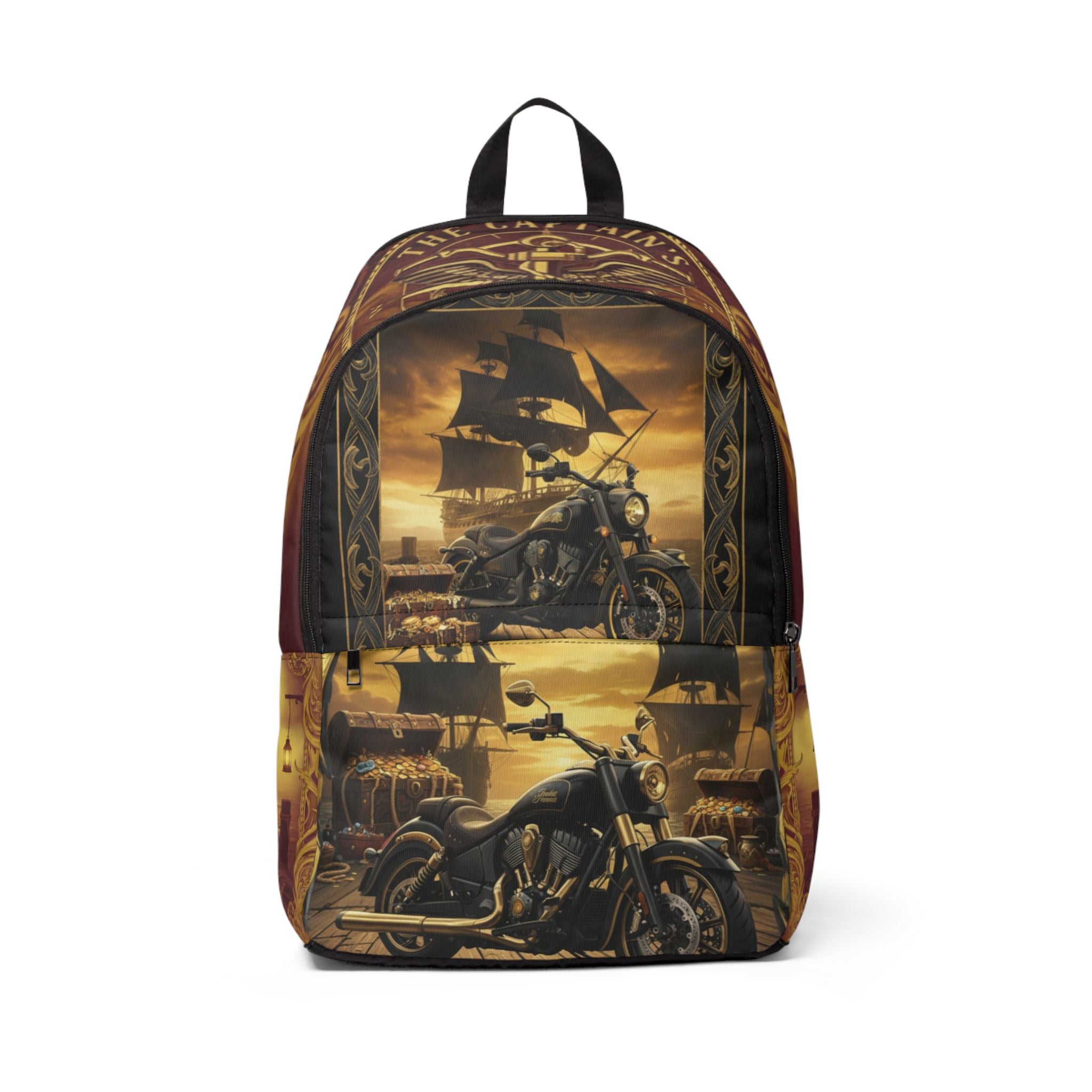 Vintage Motorcycle & Pirate Ship Backpack - Steampunk Biker Travel Bag