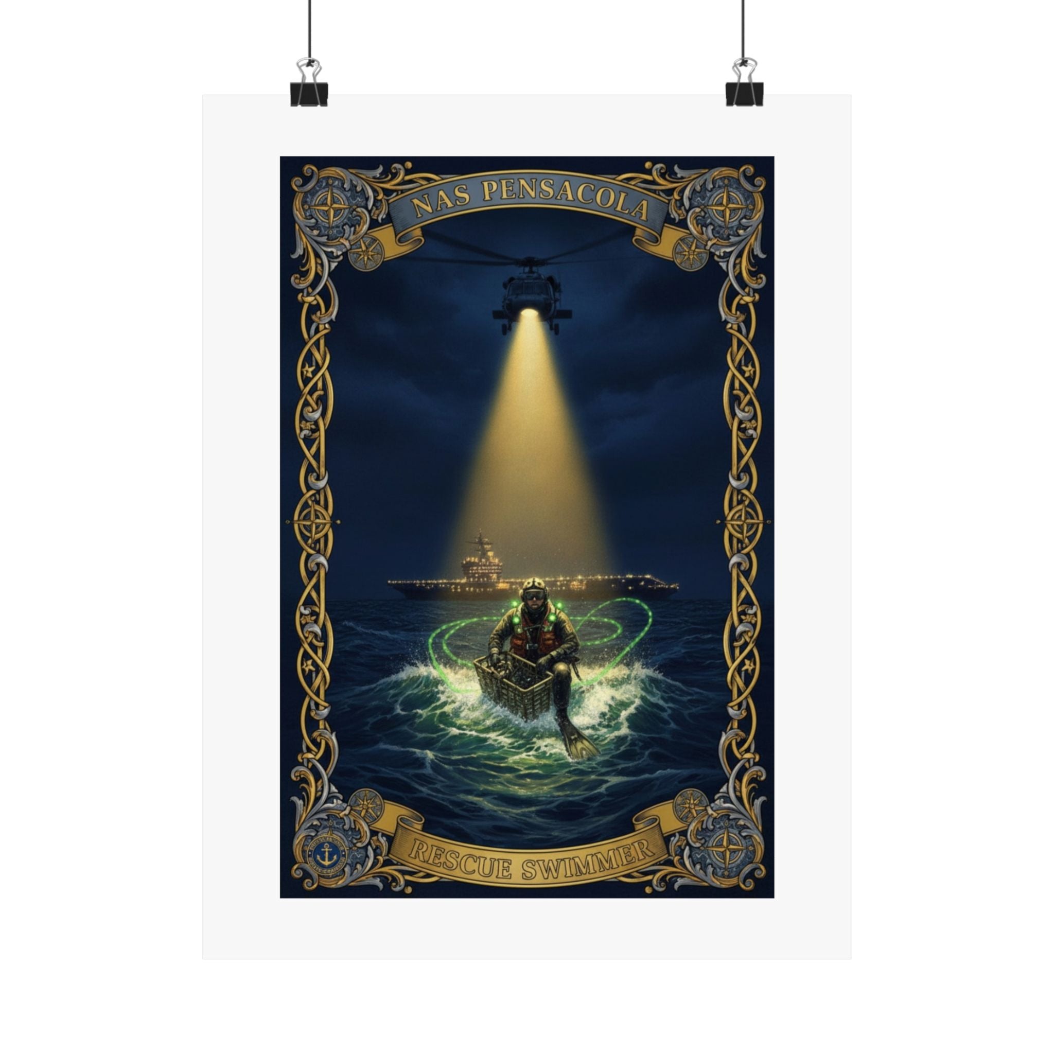 Nautical Rescue Matte Poster — Lighthouse Search & Shipwreck Scene