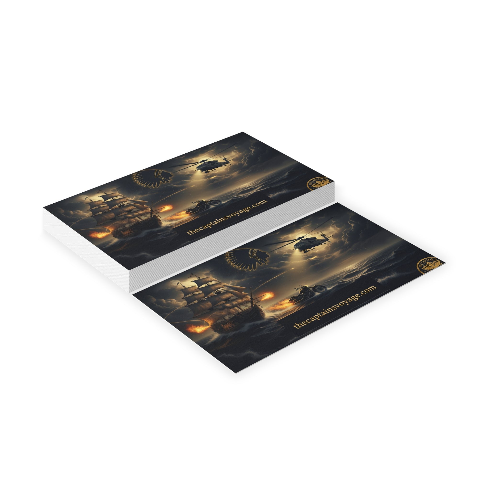 Business Cards — Nautical Adventure Scene with Ship, Helicopter & Motorcycle (thecaptainsvoyage.com)