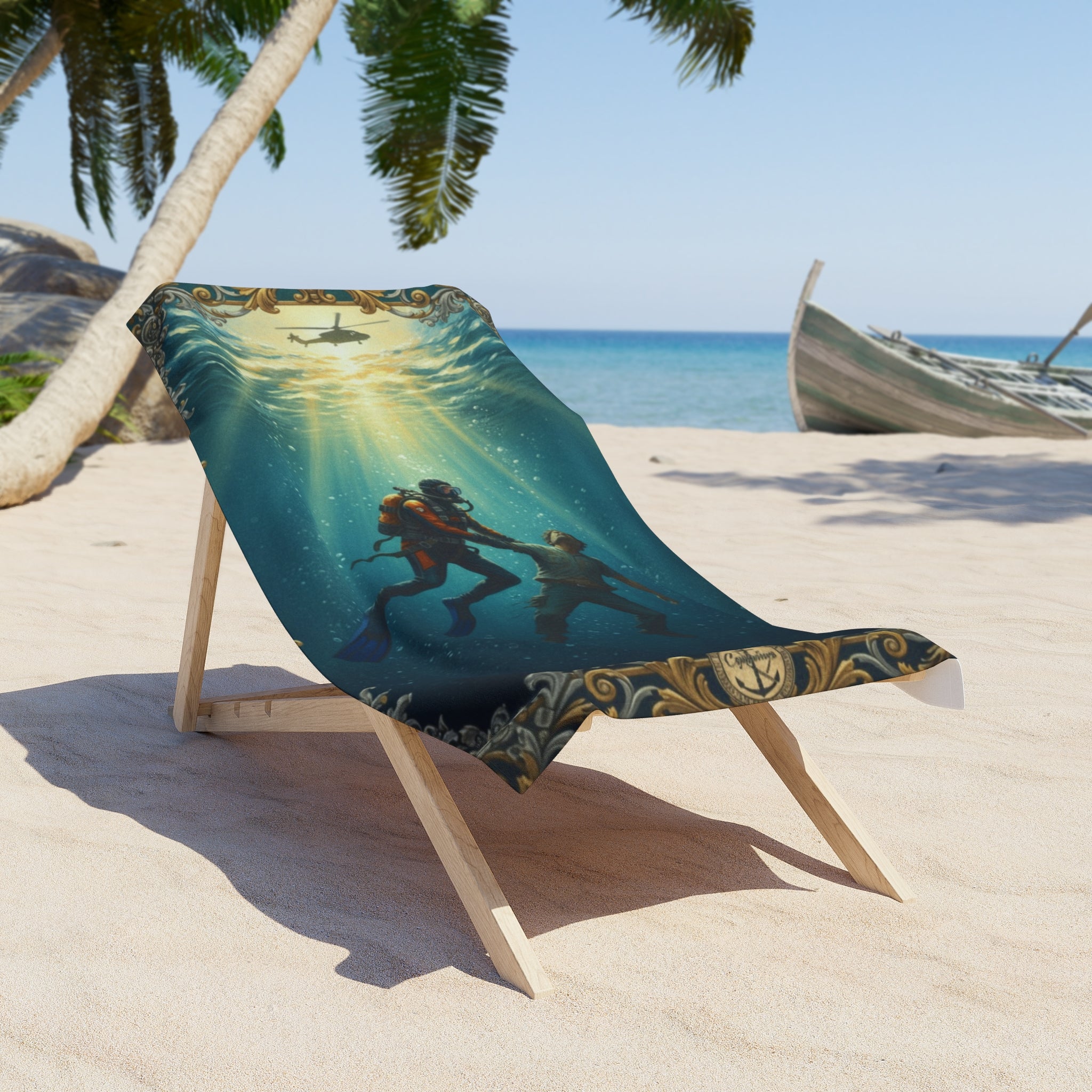 Beach Towel — Vintage Deep Sea Divers Scenic Towel (Underwater Exploration Design)