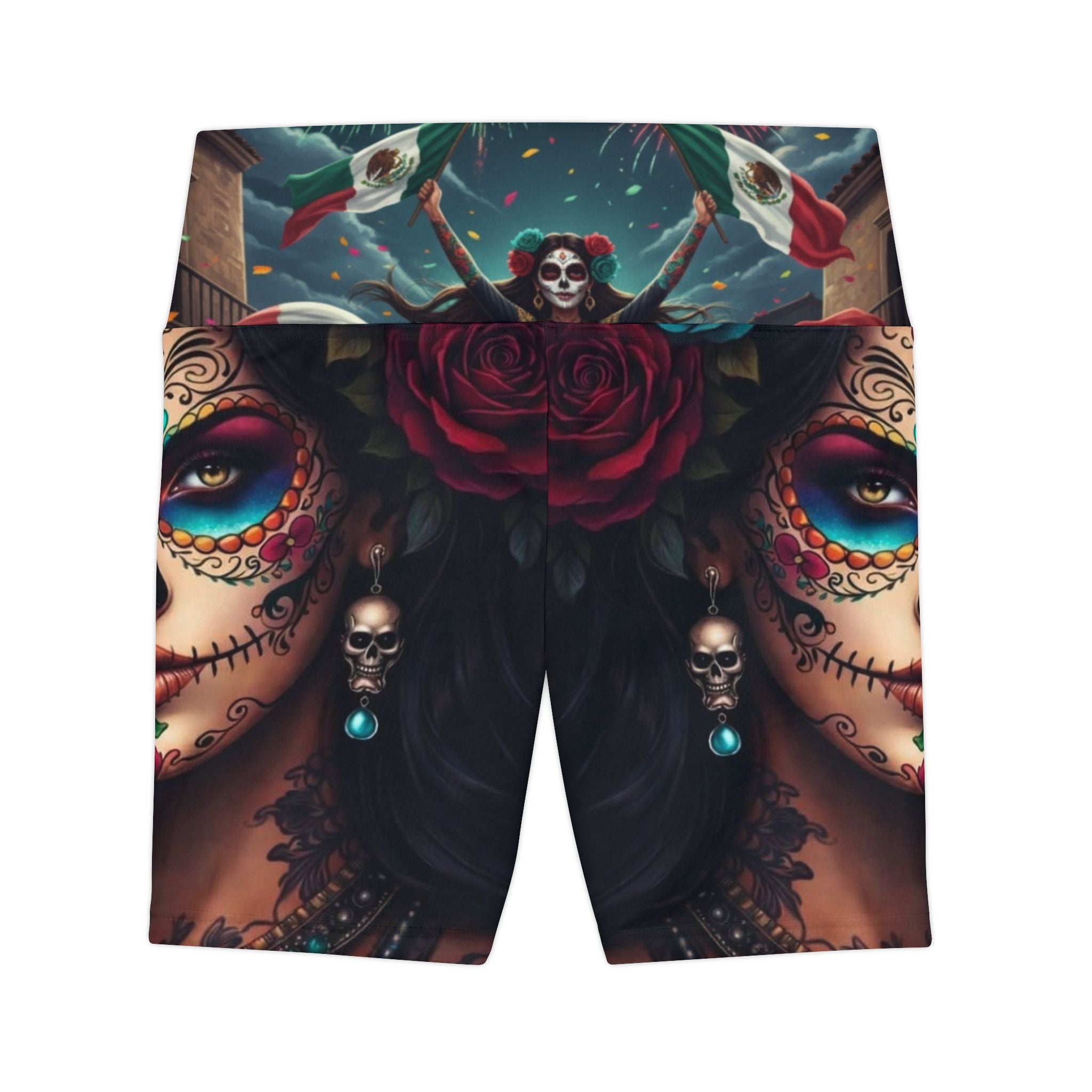 Day of the Dead Women’s Workout Shorts — Sugar Skull Mexican Flag AOP