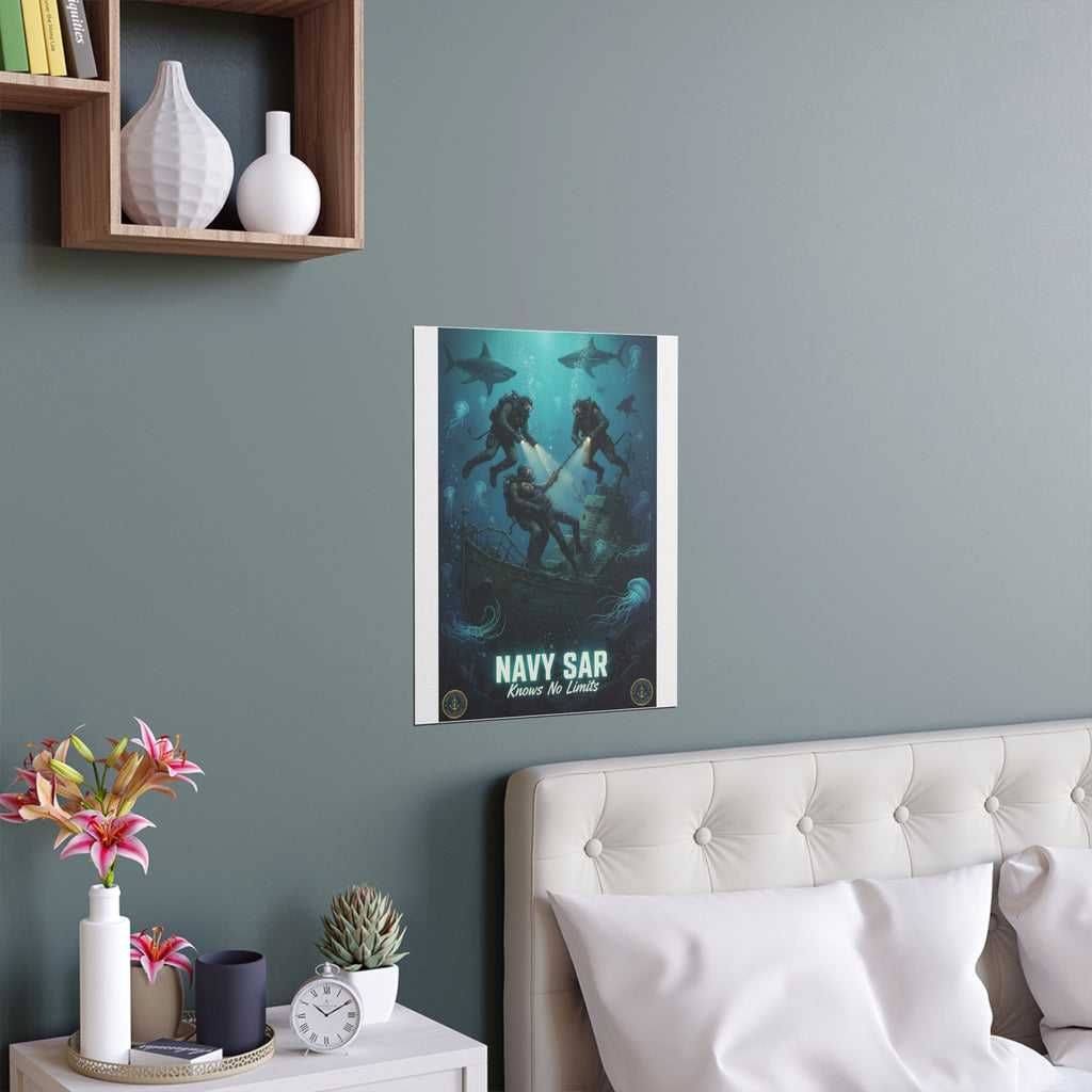 Navy SAR Silk Poster — 'Knows No Limits' Underwater Diver Rescue Art