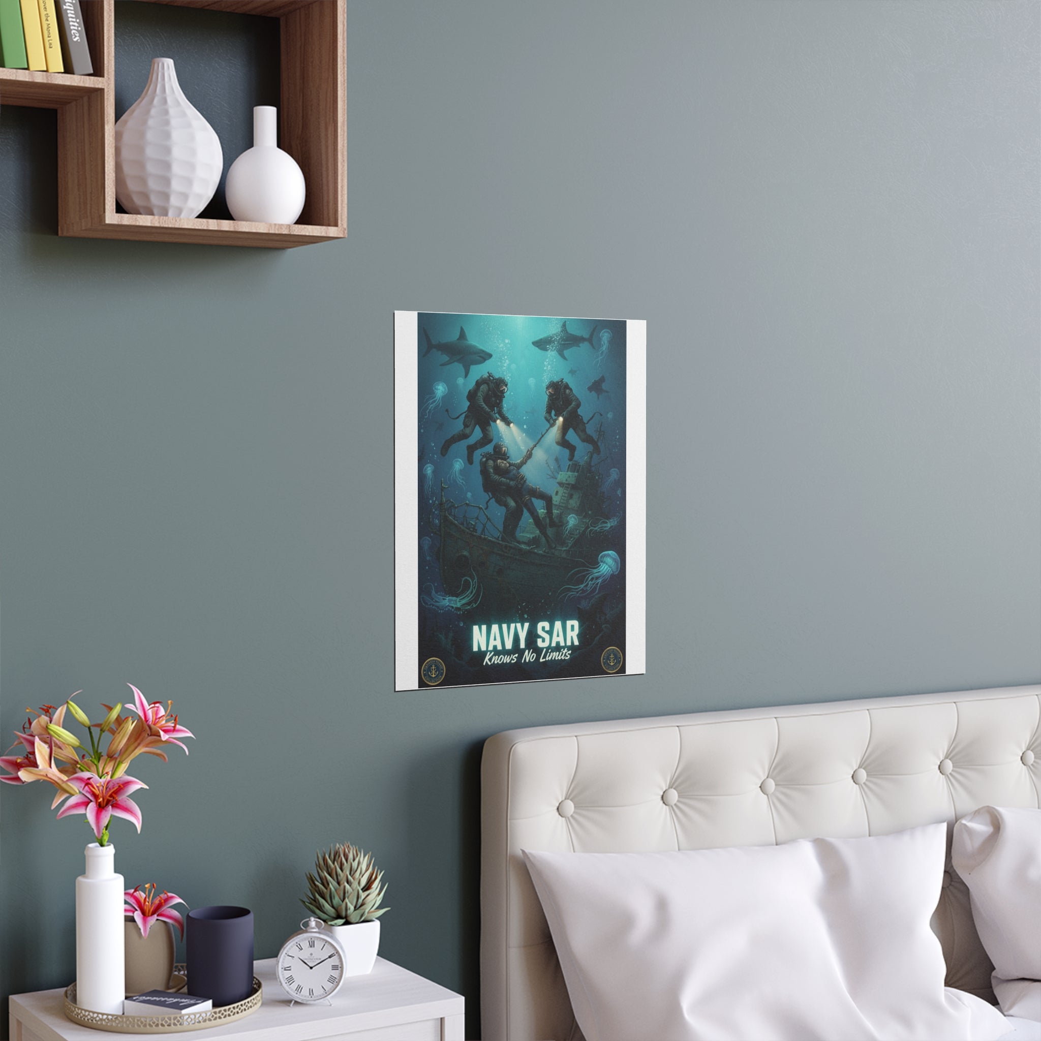 Navy SAR Silk Poster — 'Knows No Limits' Underwater Diver Rescue Art