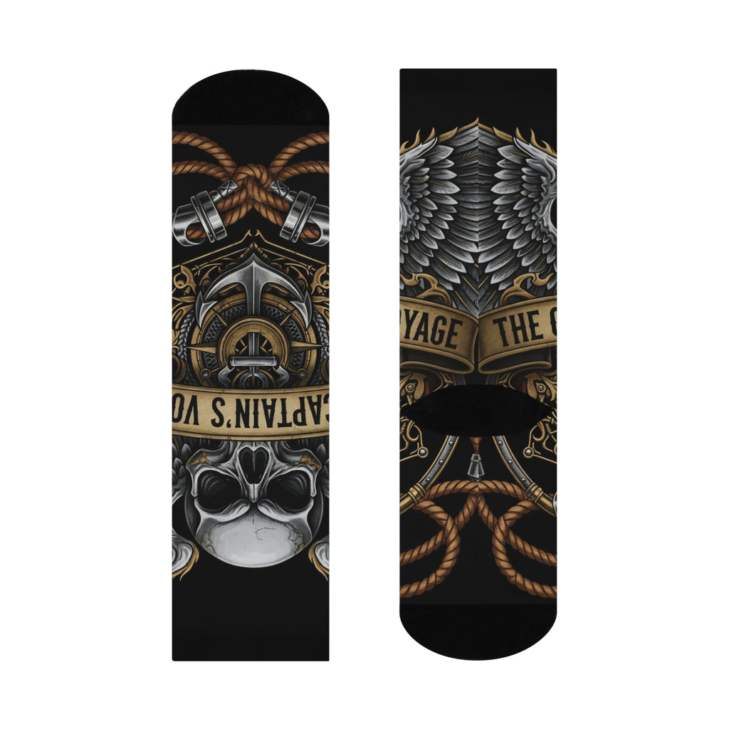 Skull Captain’s Voyage Cushioned Crew Socks – Nautical Pirate Skull Design
