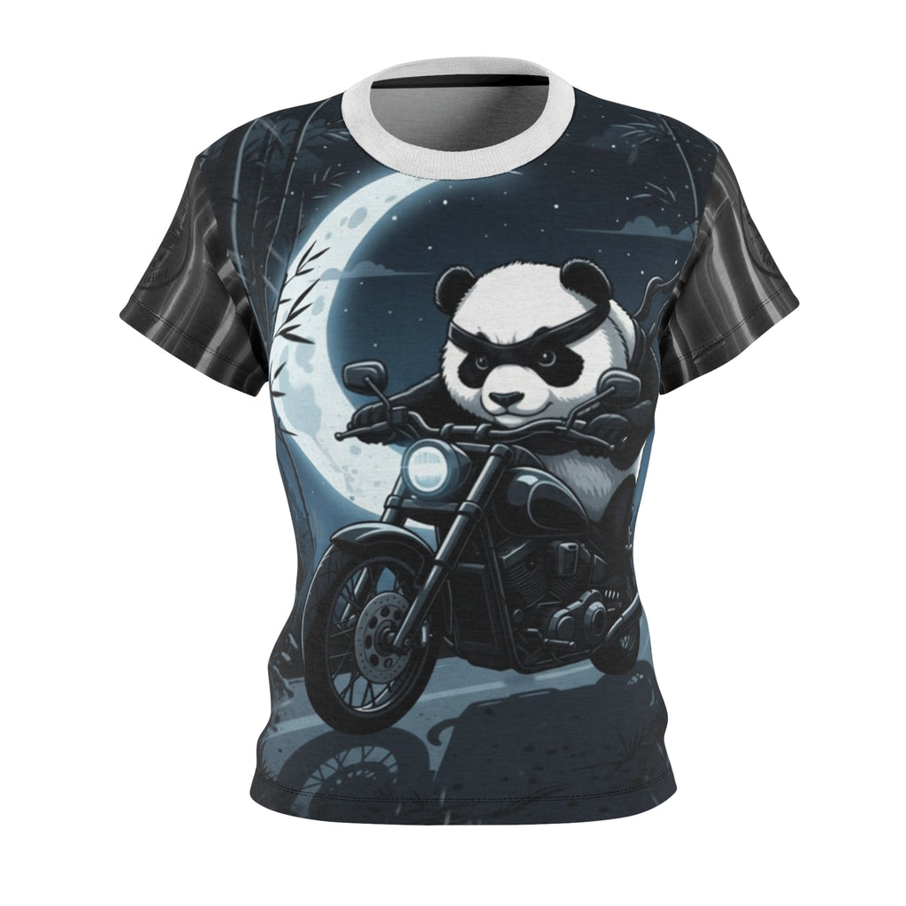 Panda Biker Women's Tee — Moonlit Motorcycle Graphic All-Over Print