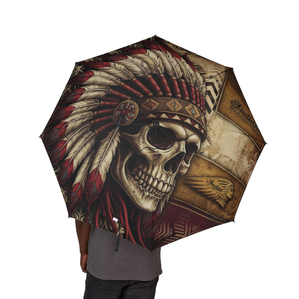 Skull & Feather Headdress Foldable Umbrella — Semi-Automatic Tribal Skull Rain Umbrella