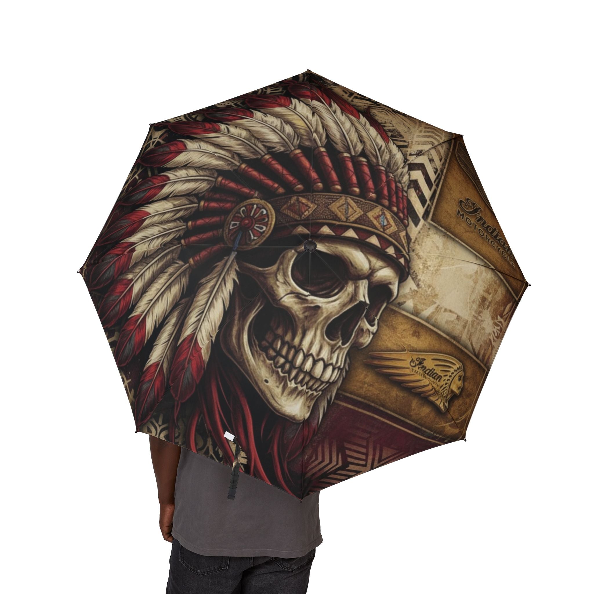 Skull & Feather Headdress Foldable Umbrella — Semi-Automatic Tribal Skull Rain Umbrella