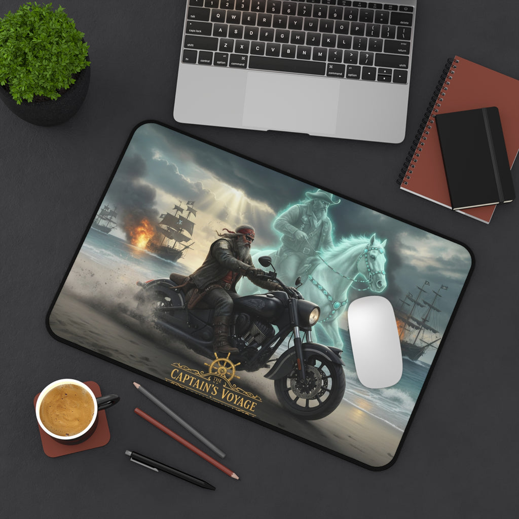 Pirate Captain's Voyage Desk Mat — Ghostly Horse & Motorcycle Seafaring Mouse Pad