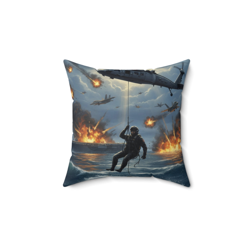 Military Rescue Scene Decorative Square Pillow — Navy Combat Helicopter & Ship Illustration