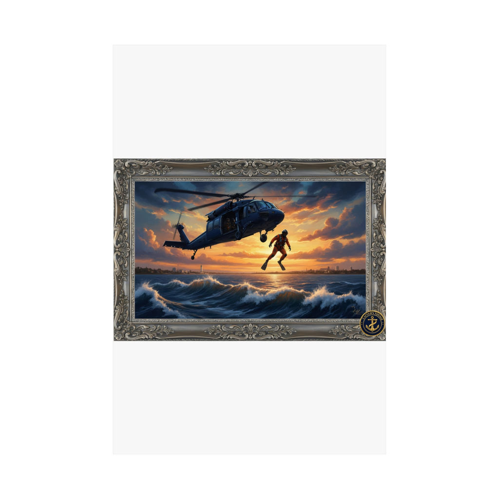 Rescue Helicopter Sunset Poster — Matte Vertical Aviation Wall Art