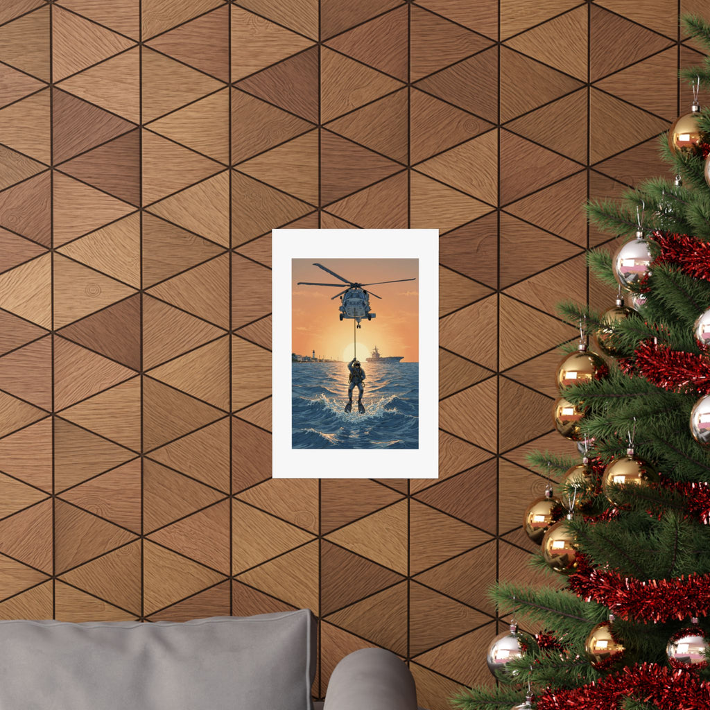 Matte Poster — Navy Rescue Helicopter at Sunset (Vertical)