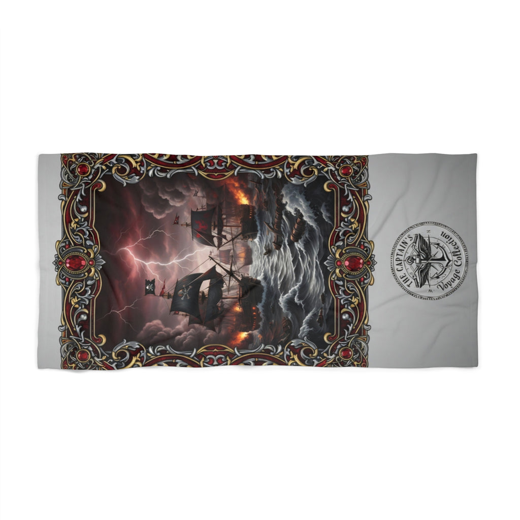 Pirate Ship Storm Beach Towel — Nautical Gothic Ocean Scene