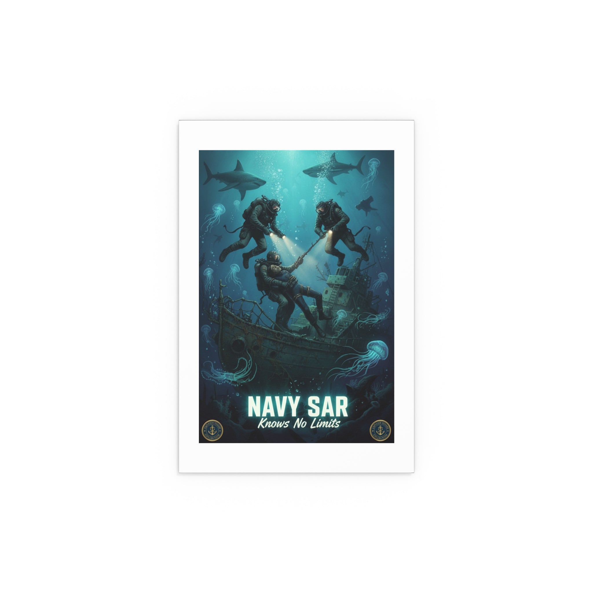 Navy SAR Silk Poster — 'Knows No Limits' Underwater Diver Rescue Art