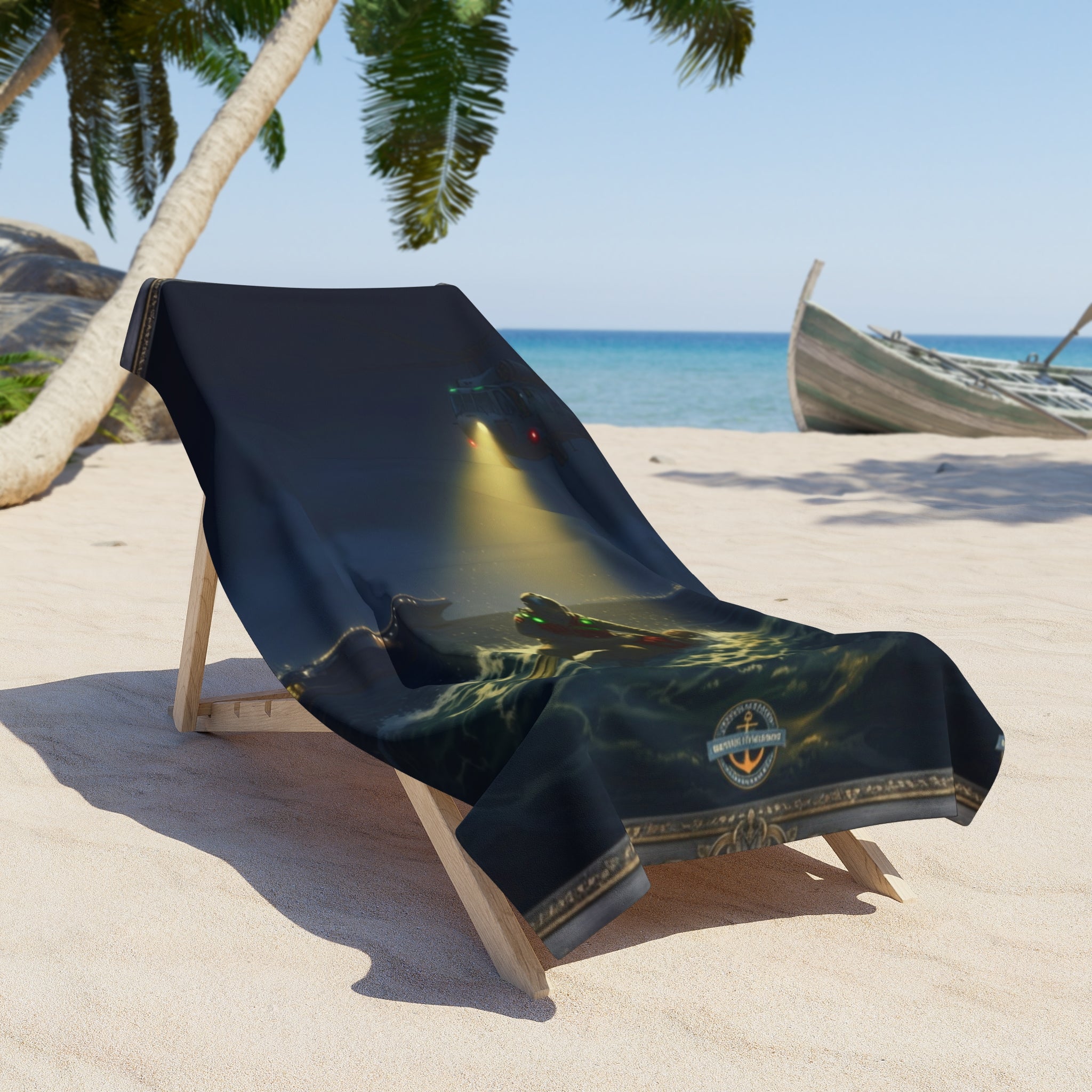 Rescue Diver Beach Towel — Night Sea Search & Lifeguard Spotlight Design