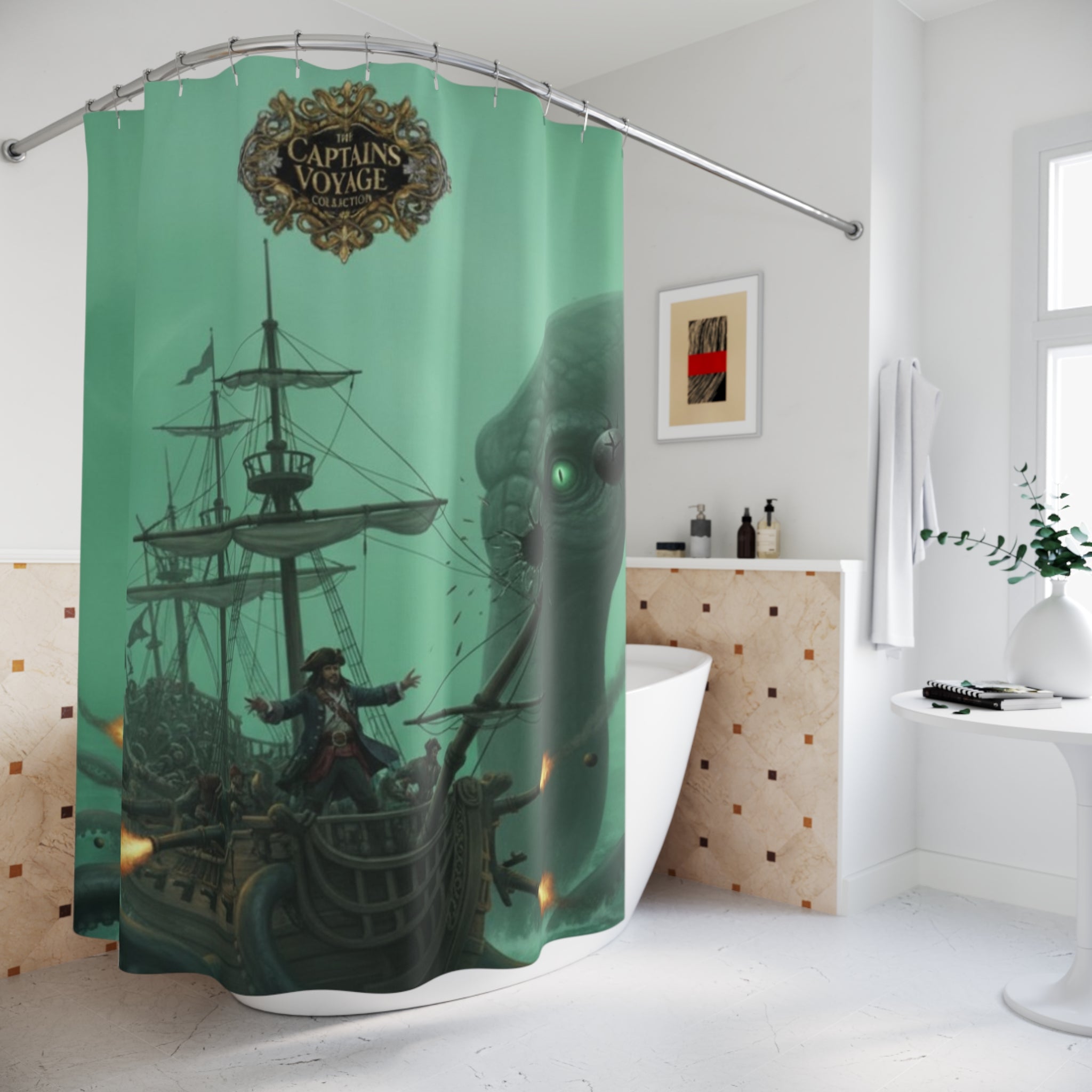 Shower Curtain — Nautical Kraken Shipwreck Bathroom Curtain (Green Sea Monster Design)