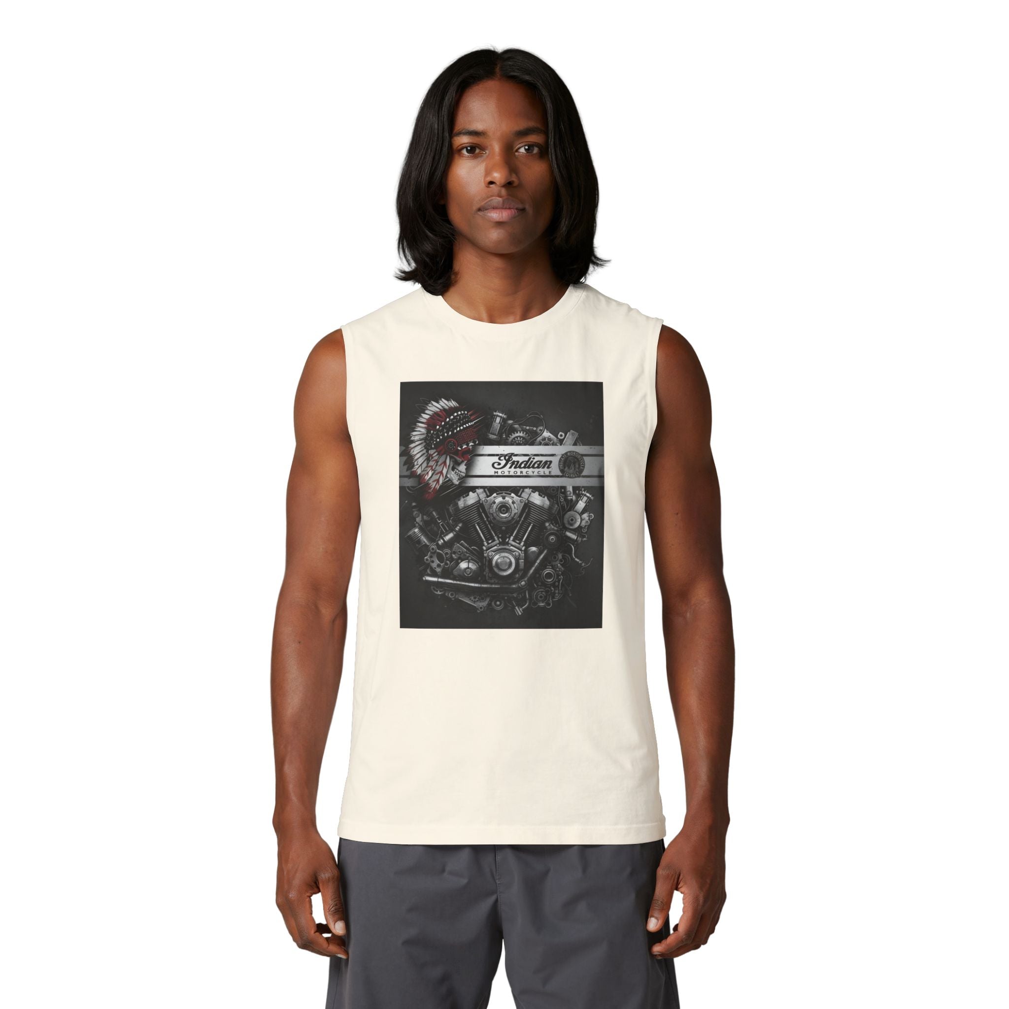 Indian Motorcycle Engine Graphic Muscle Tank — Vintage Chief Headdress Moto Tank Top