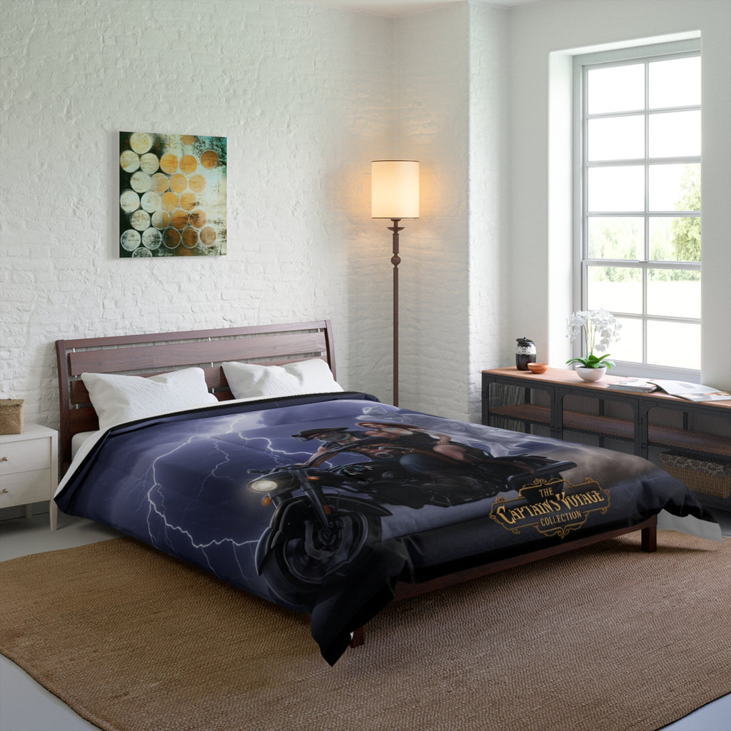 Captain's Voyage Motorcycle Rider Comforter with Ghostly Cowboy & Lightning Scene