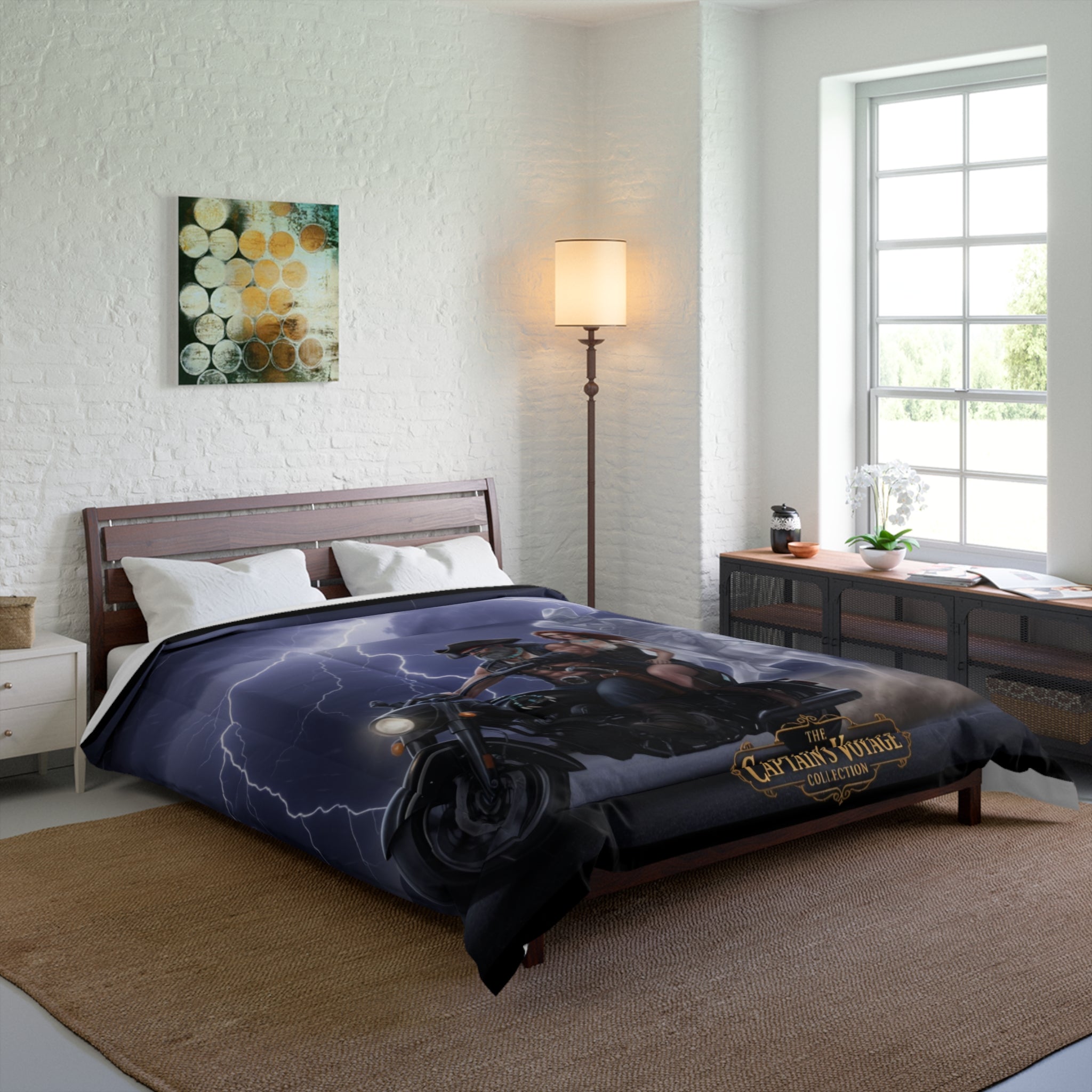 Captain's Voyage Motorcycle Rider Comforter with Ghostly Cowboy & Lightning Scene