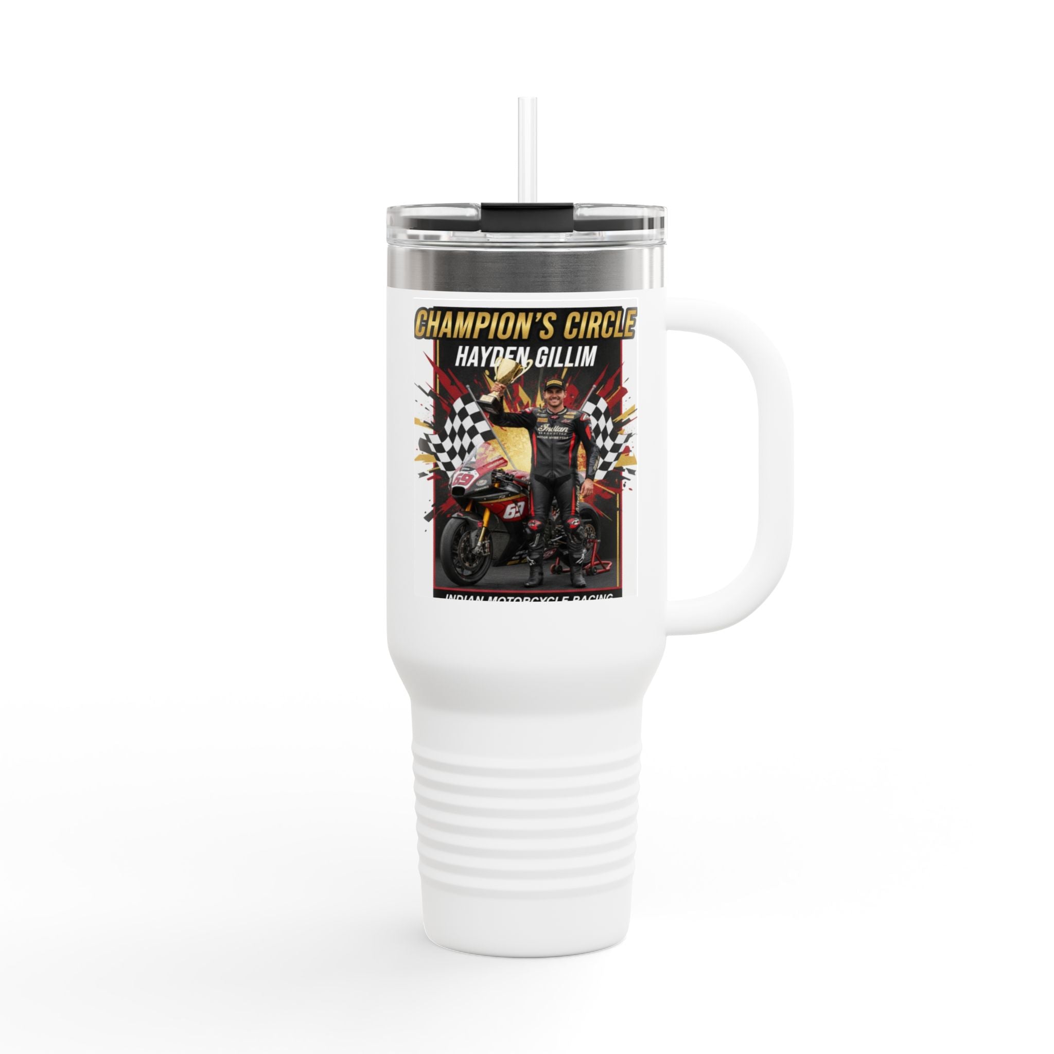 40oz Insulated Travel Mug — Champion’s Circle Motorcycle Racing Design (Hayden Gillin)