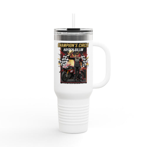 40oz Insulated Travel Mug — Champion’s Circle Motorcycle Racing Design (Hayden Gillin)