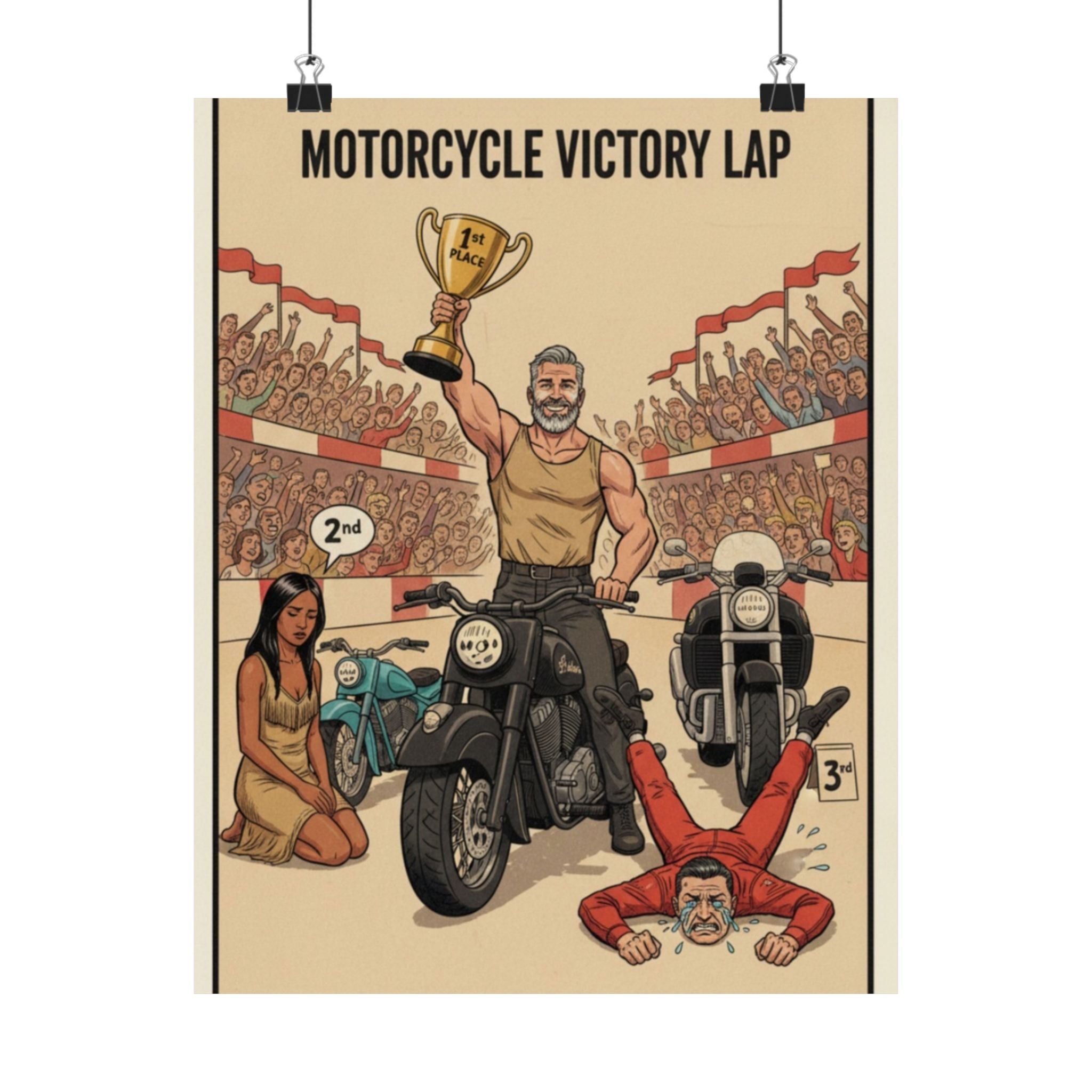 Motorcycle Victory Lap Poster — Retro Biker Triumph Matte Vertical Art