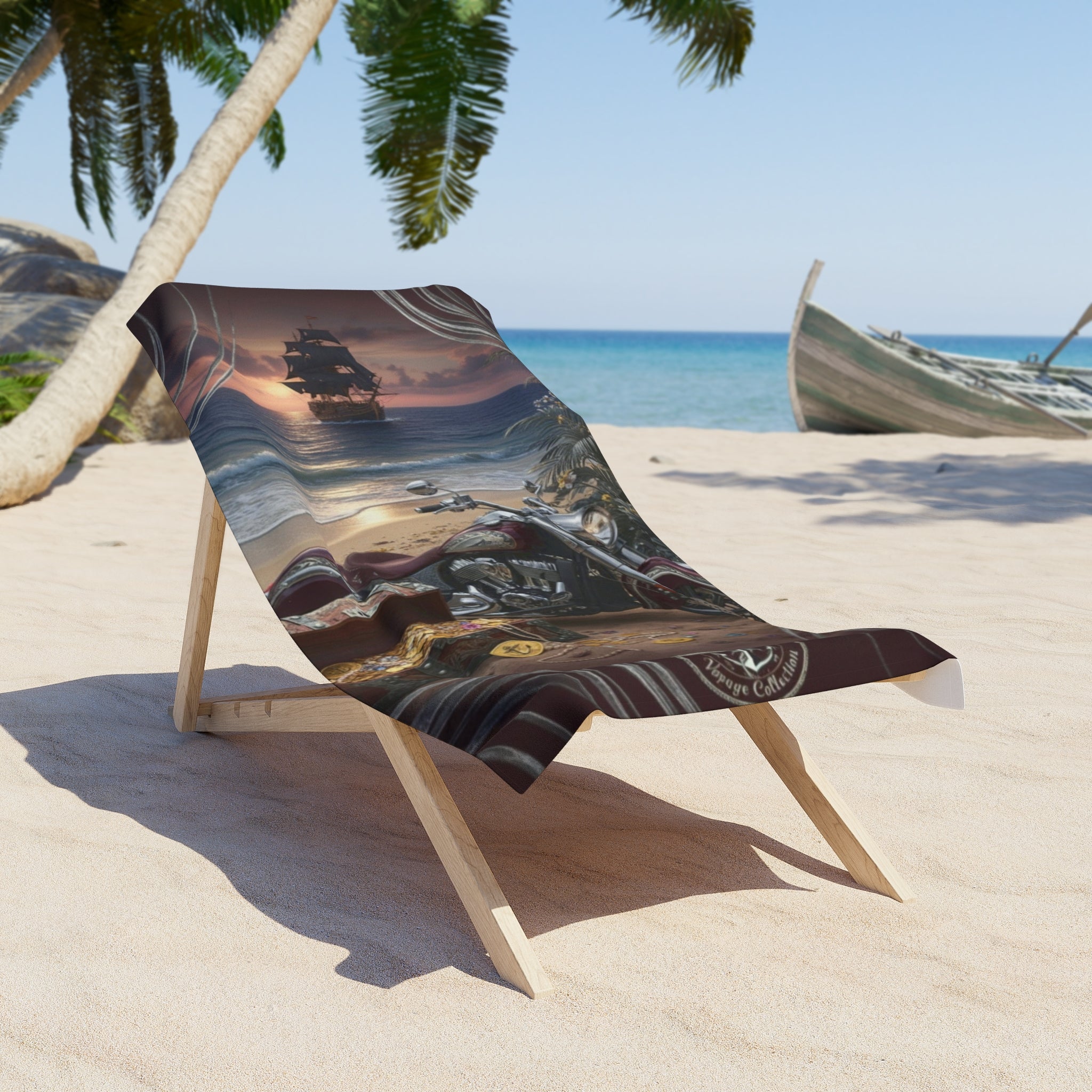 Pirate Treasure Beach Towel — Vintage Ship, Gold Coins & Compass Design
