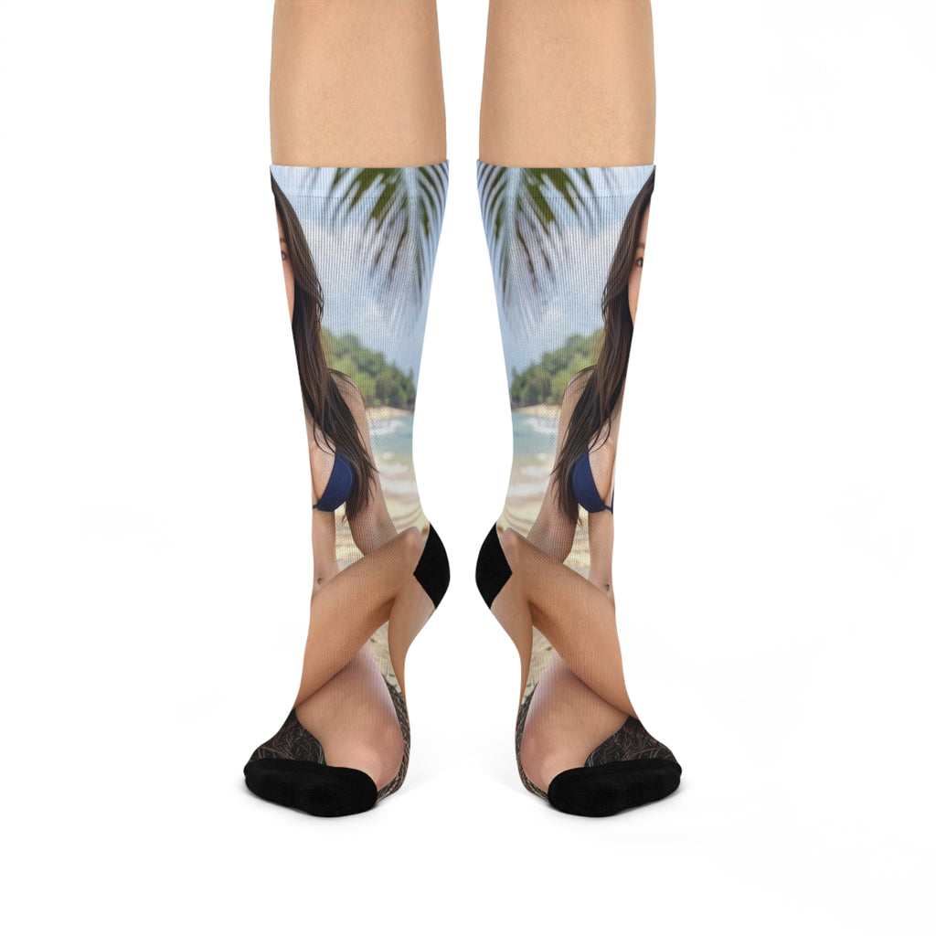Tropical Beach Photo Crew Socks — Custom Vacation Portrait Socks