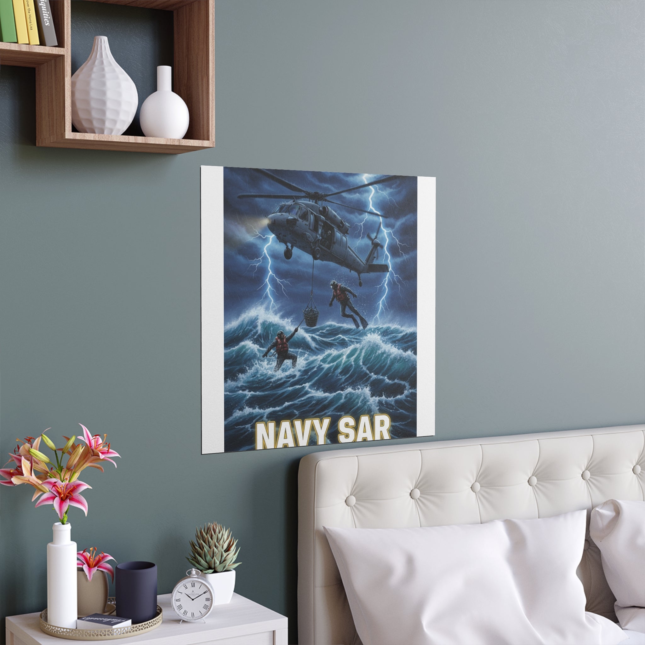 Navy SAR Silk Poster — "Knows No Limits" Rescue Helicopter Art (Indoor/Outdoor)