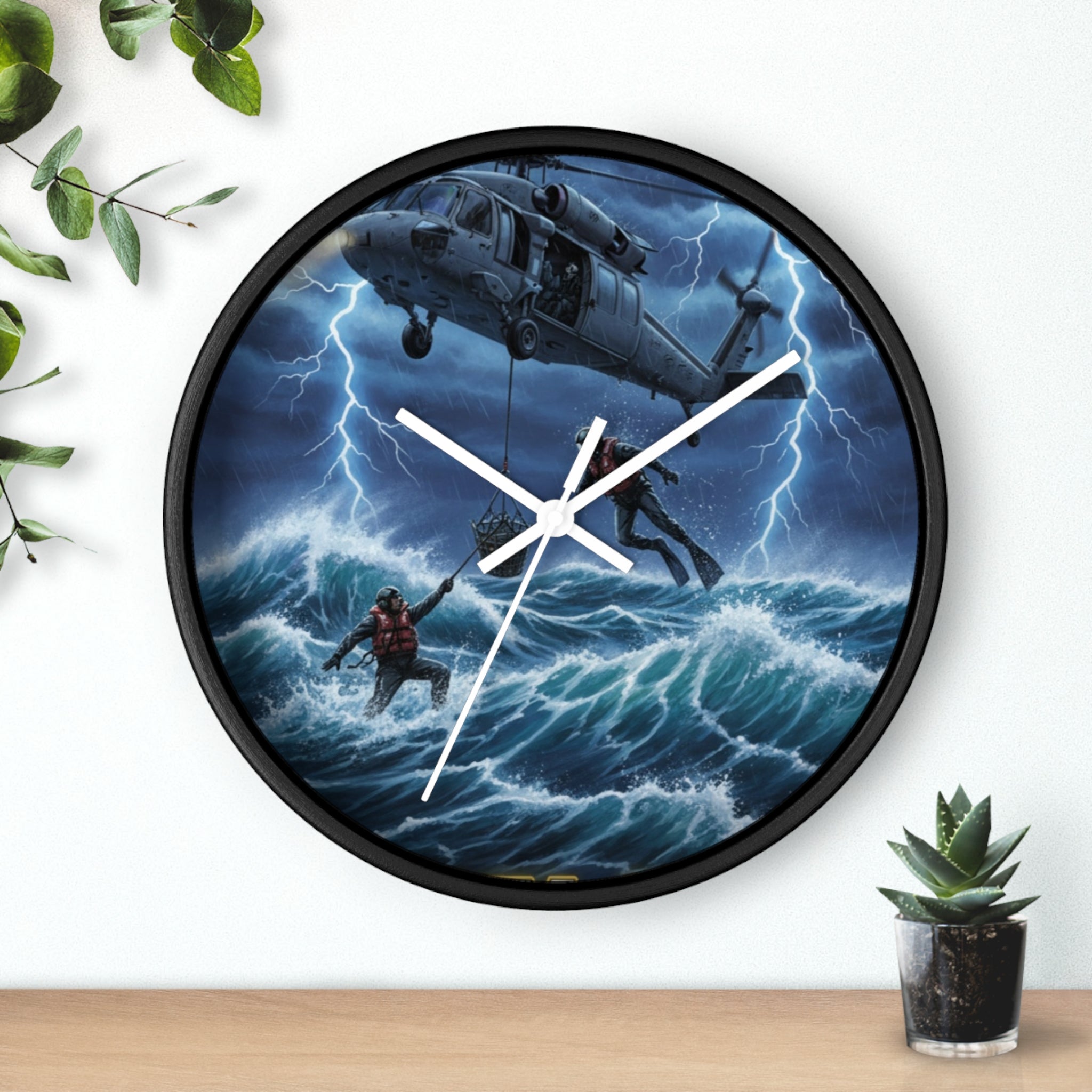 Rescue Helicopter Storm Wall Clock — Search & Rescue Ocean Scene