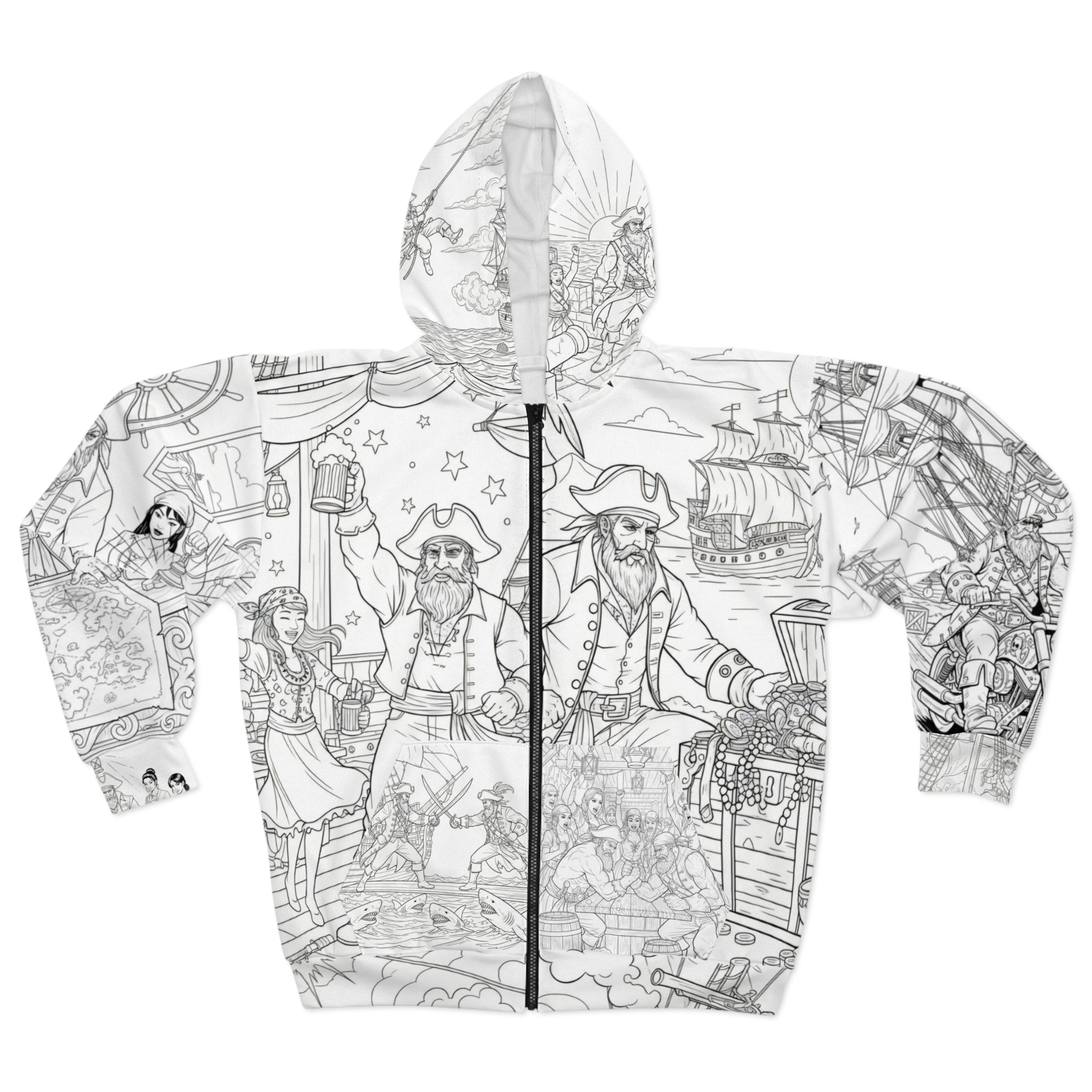 Pirate Adventure Zip Hoodie — All-Over-Print Coloring-Style Design