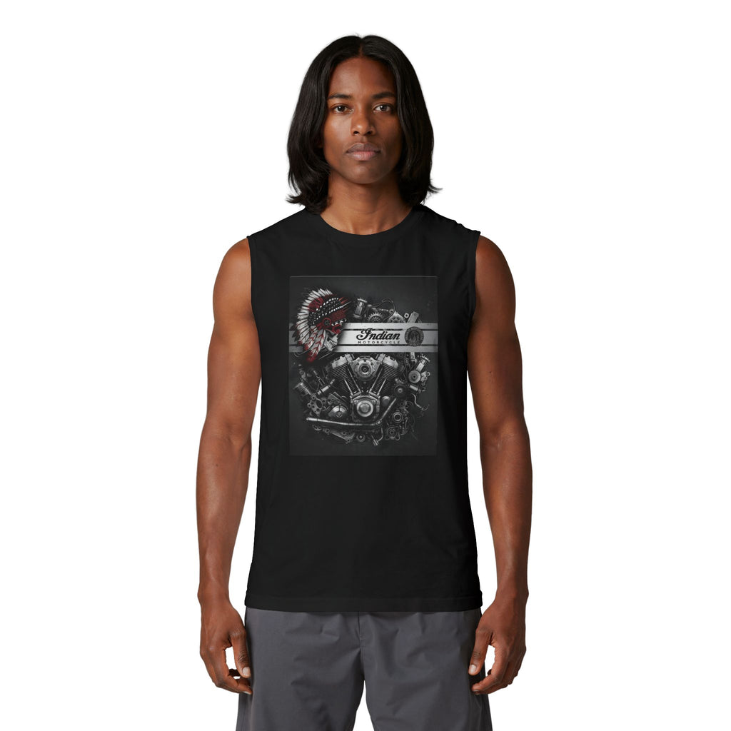 Indian Motorcycle Engine Graphic Muscle Tank — Vintage Chief Headdress Moto Tank Top