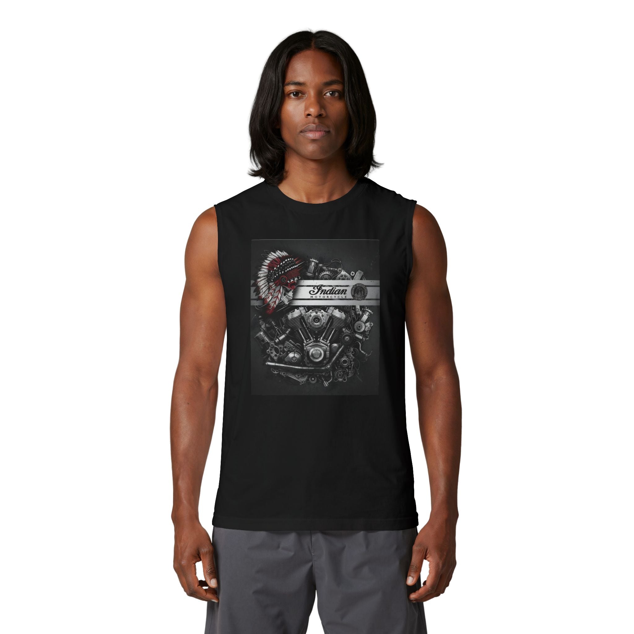 Indian Motorcycle Engine Graphic Muscle Tank — Vintage Chief Headdress Moto Tank Top