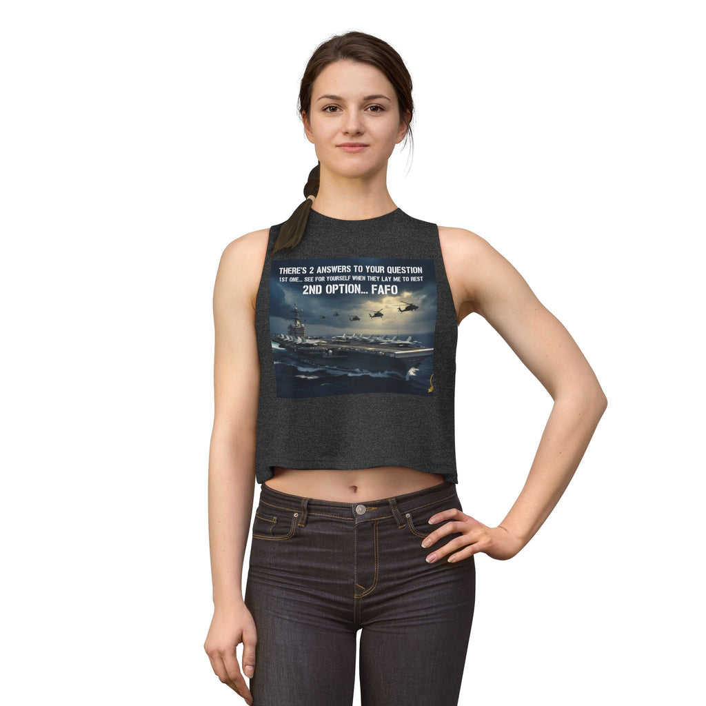 Women’s Crop Top – Military Aircraft Carrier Graphic with “2nd Option…F A F O” Text