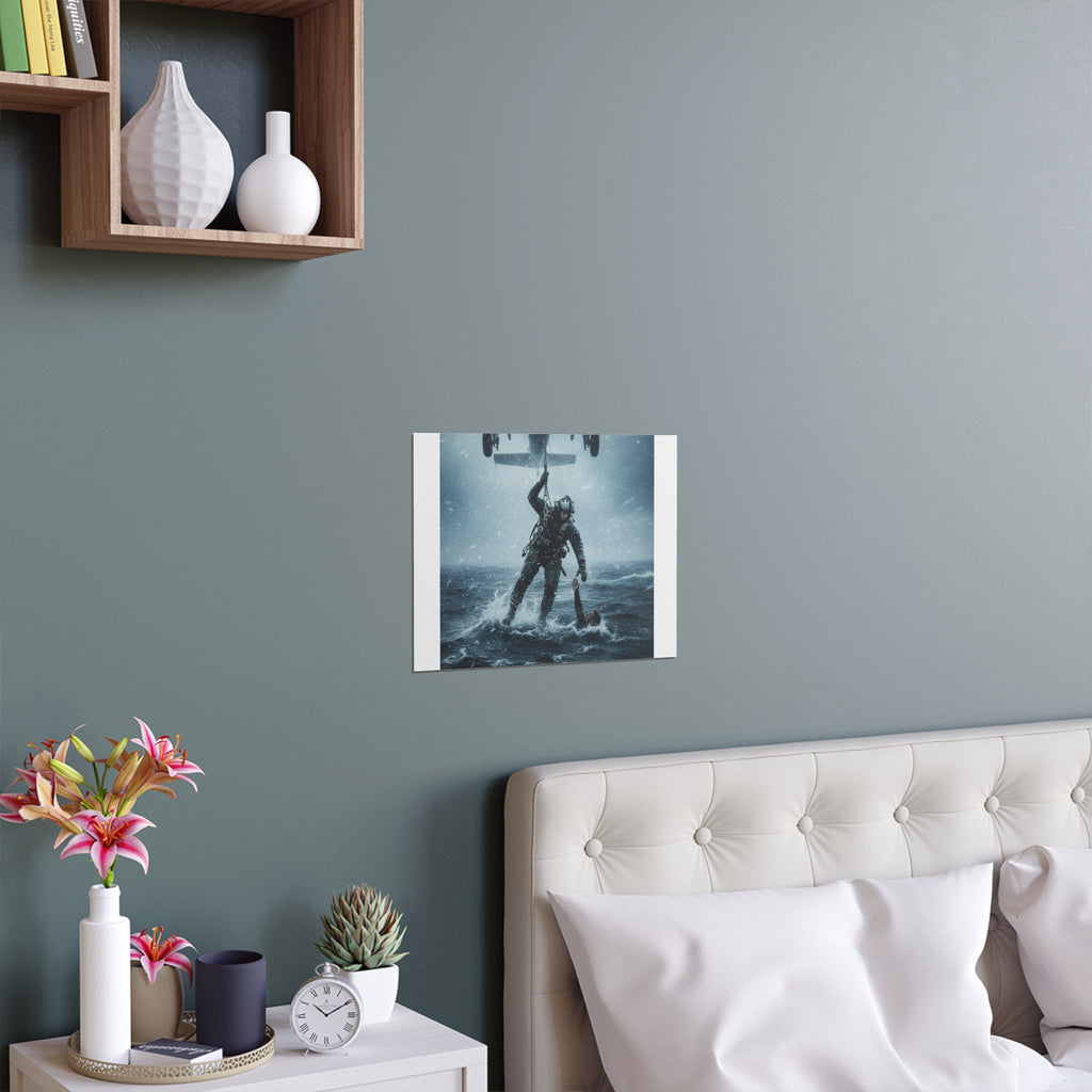 Rescue Diver Silk Poster – Dramatic Sea & Helicopter Wall Art (Indoor/Outdoor)