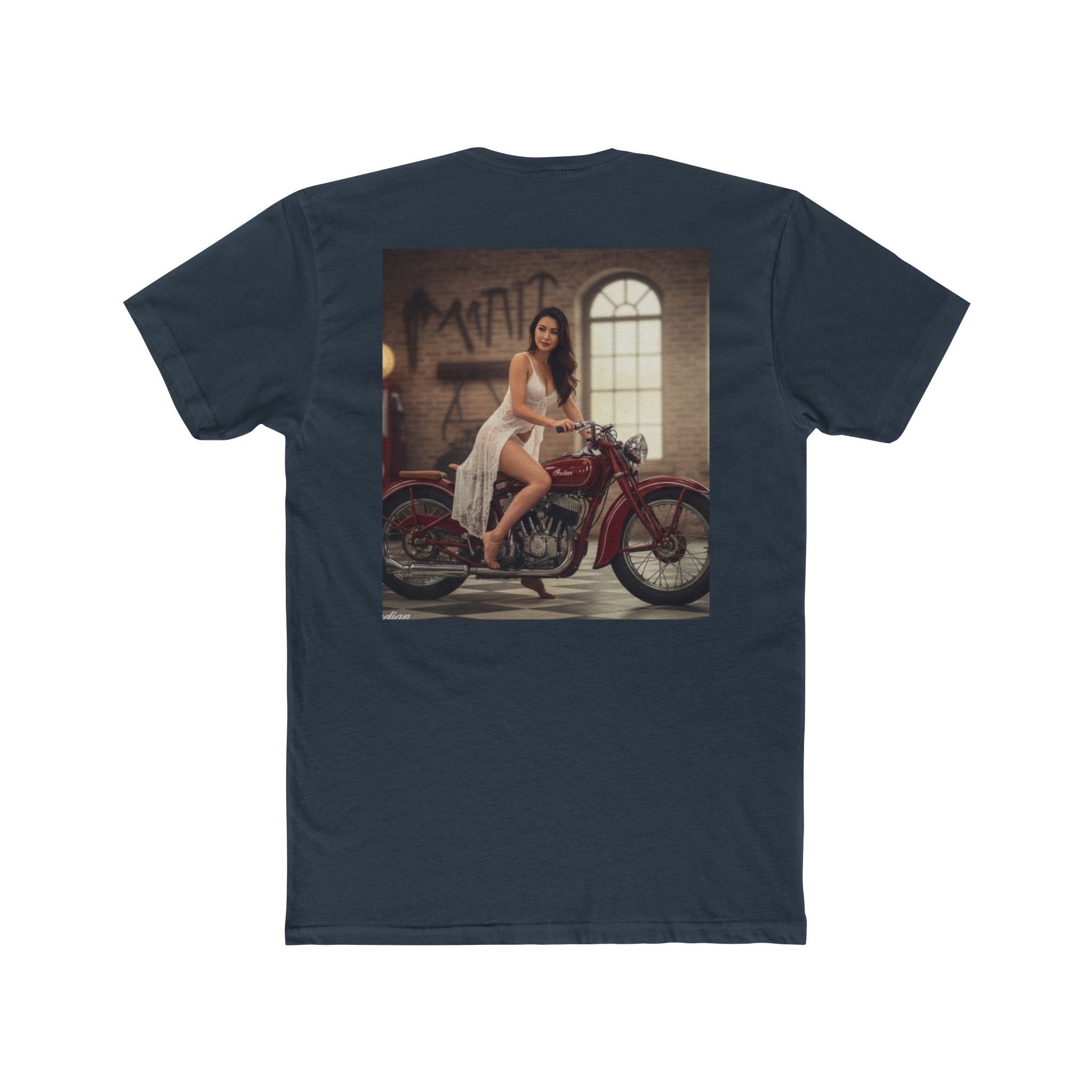Vintage Motorcycle Pinup Tee — Retro Biker Photo Crewneck