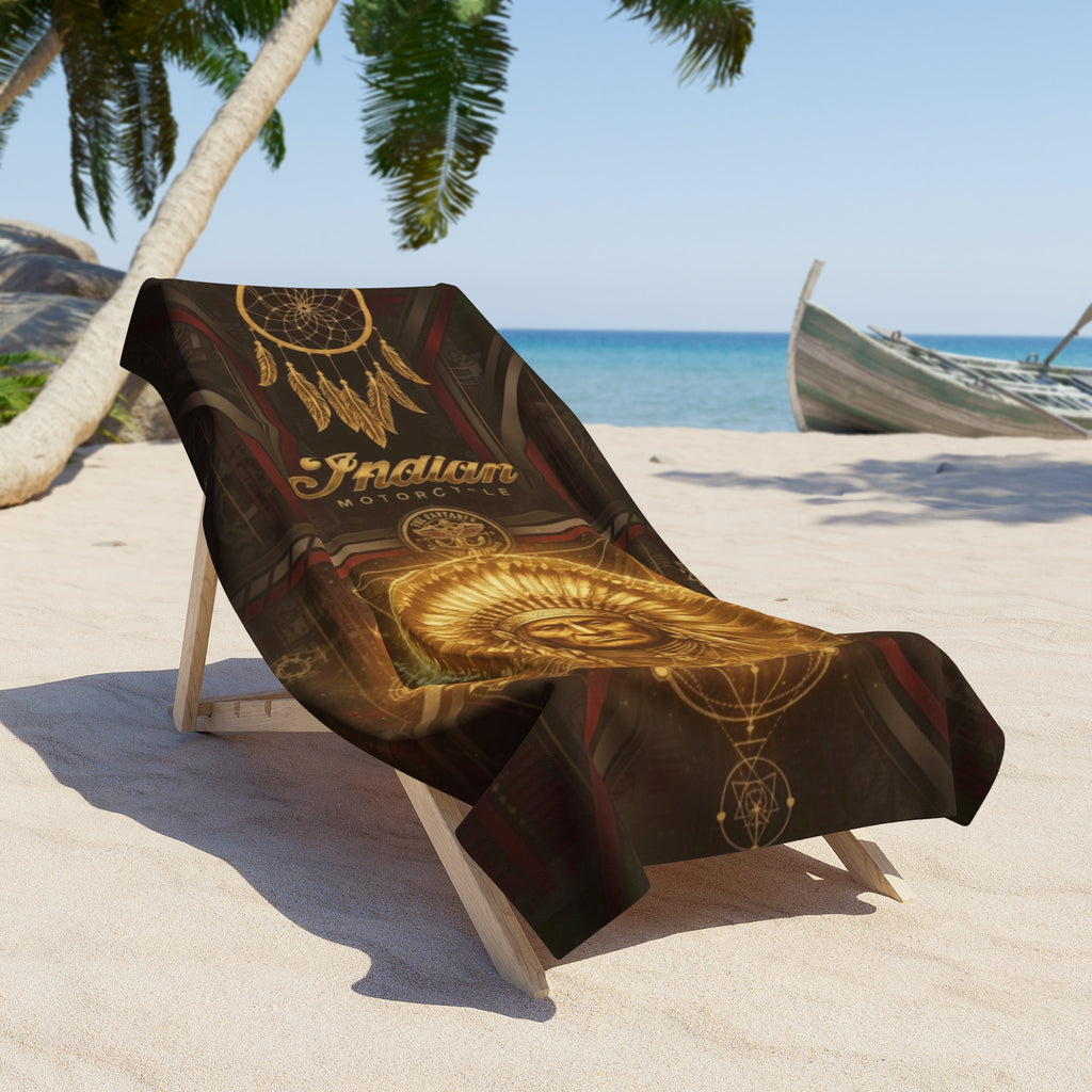 Indian Motorcycle Inspired Golden Chief Beach Towel with Dreamcatcher Design