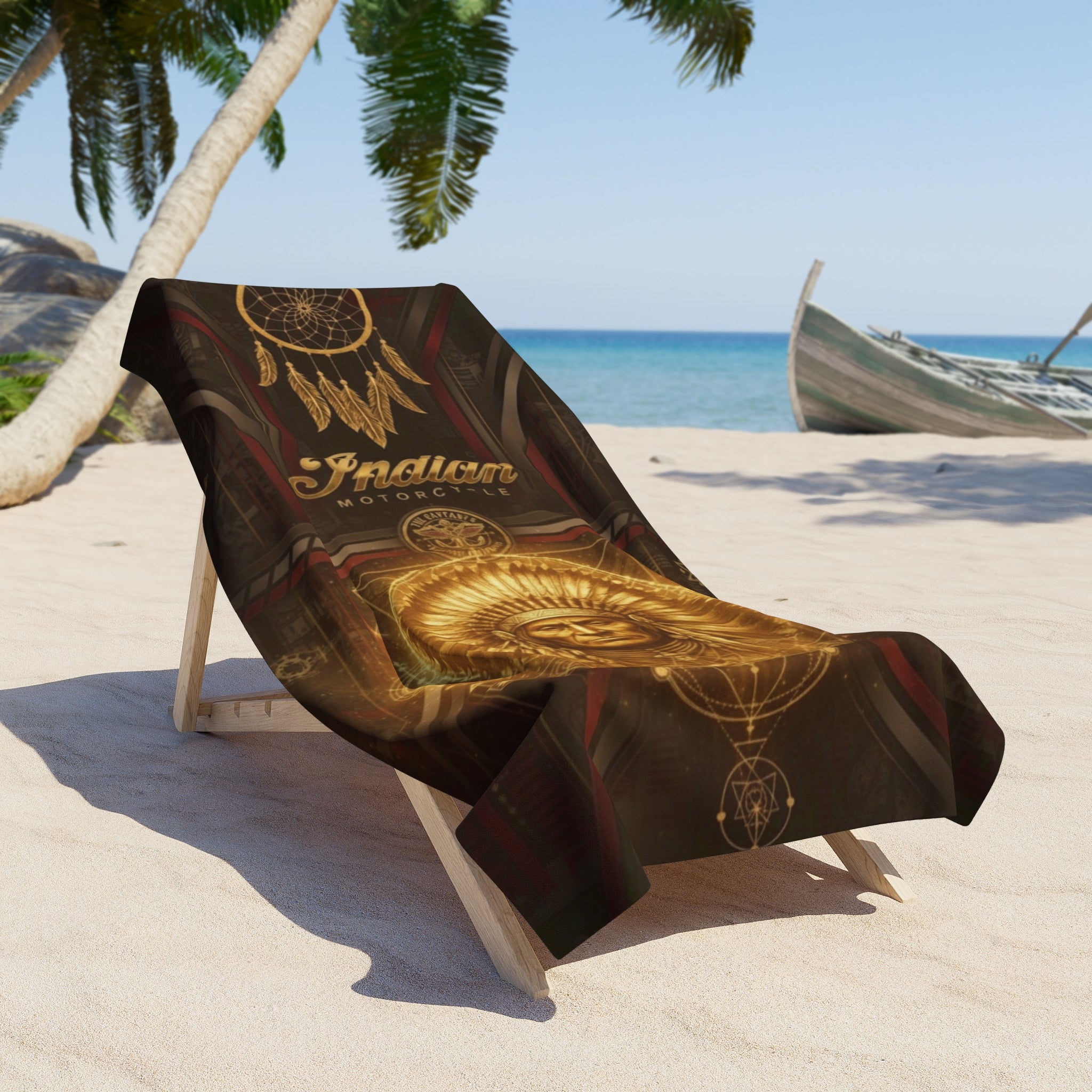 Indian Motorcycle Inspired Golden Chief Beach Towel with Dreamcatcher Design