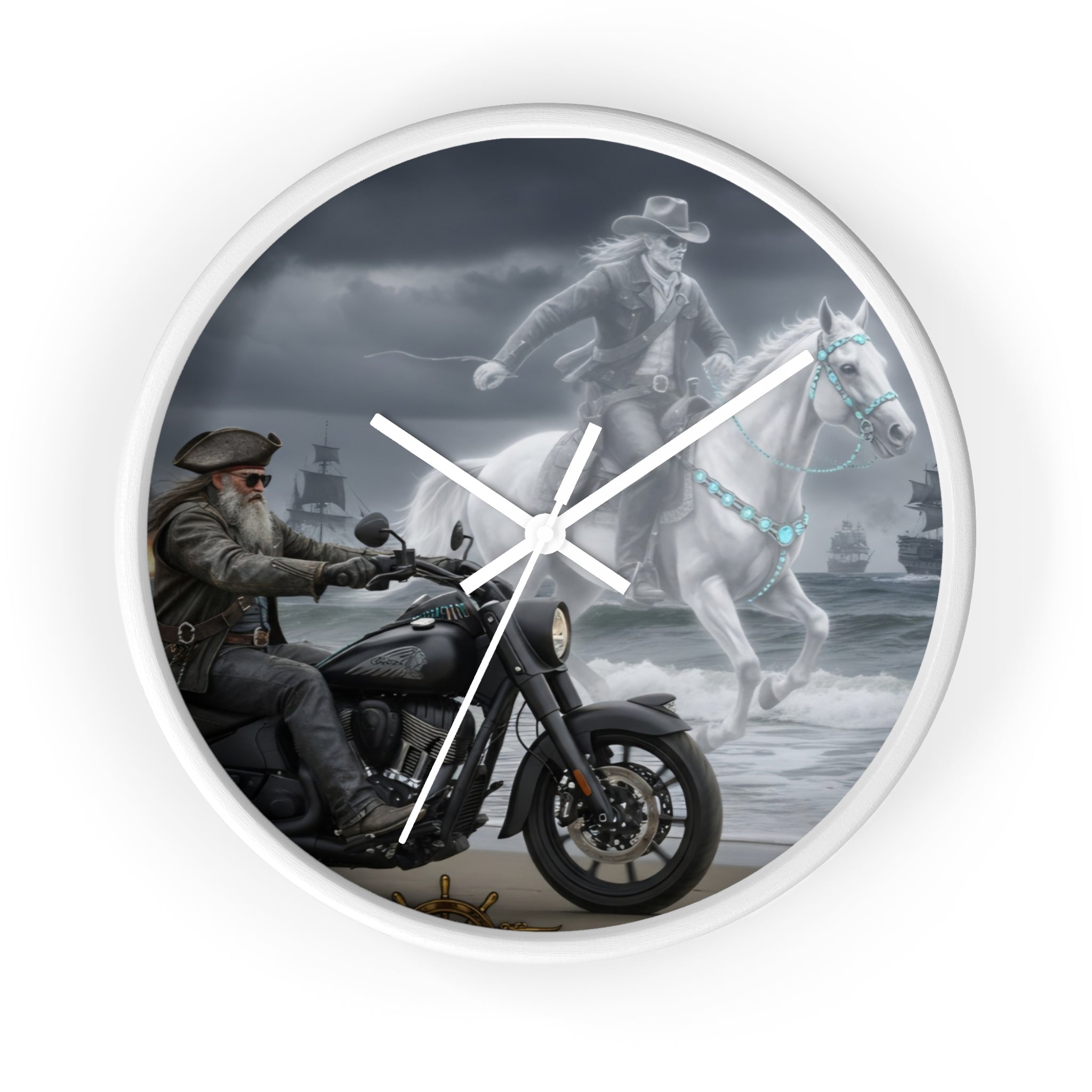 Biker & Ghost Horse Wall Clock — Haunted Seaside Motorcycle Decor