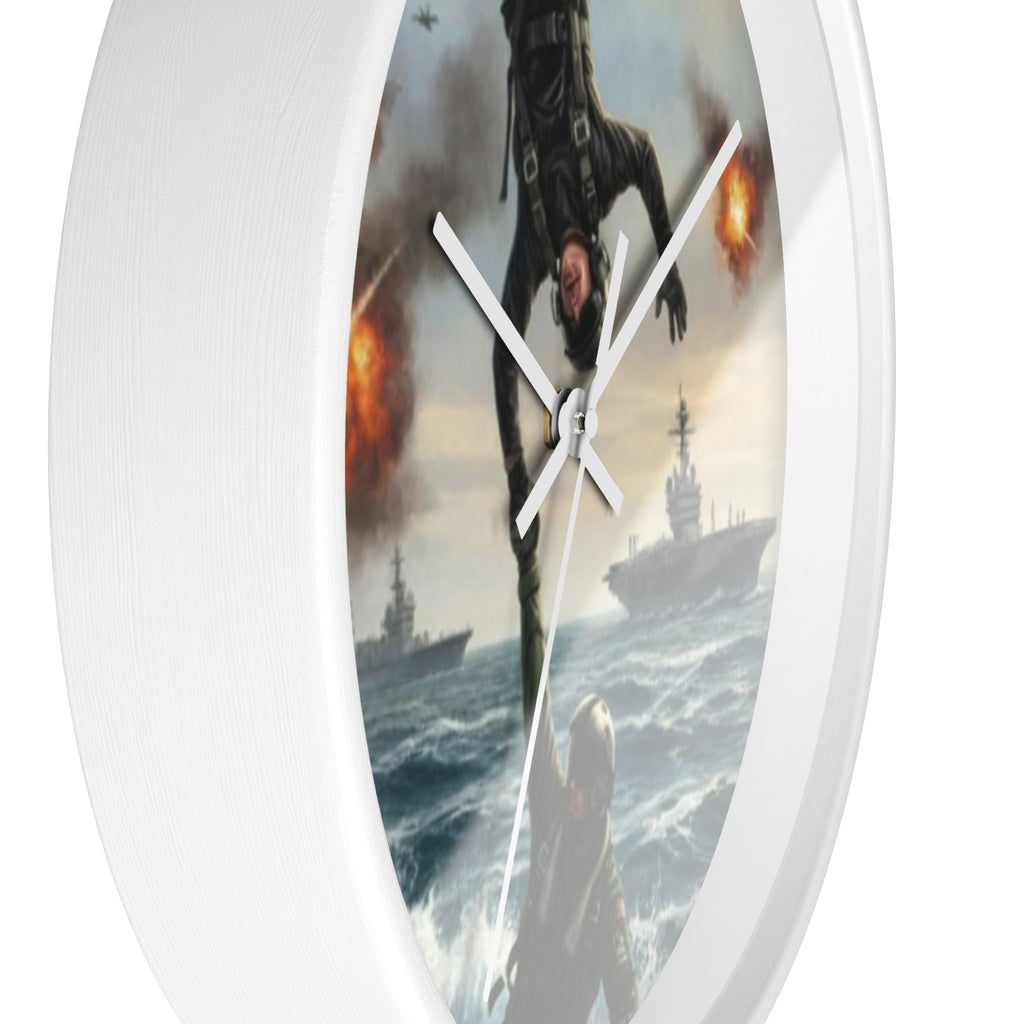 Military Rescue Wall Clock — Navy Helicopter & Sailor Action Scene