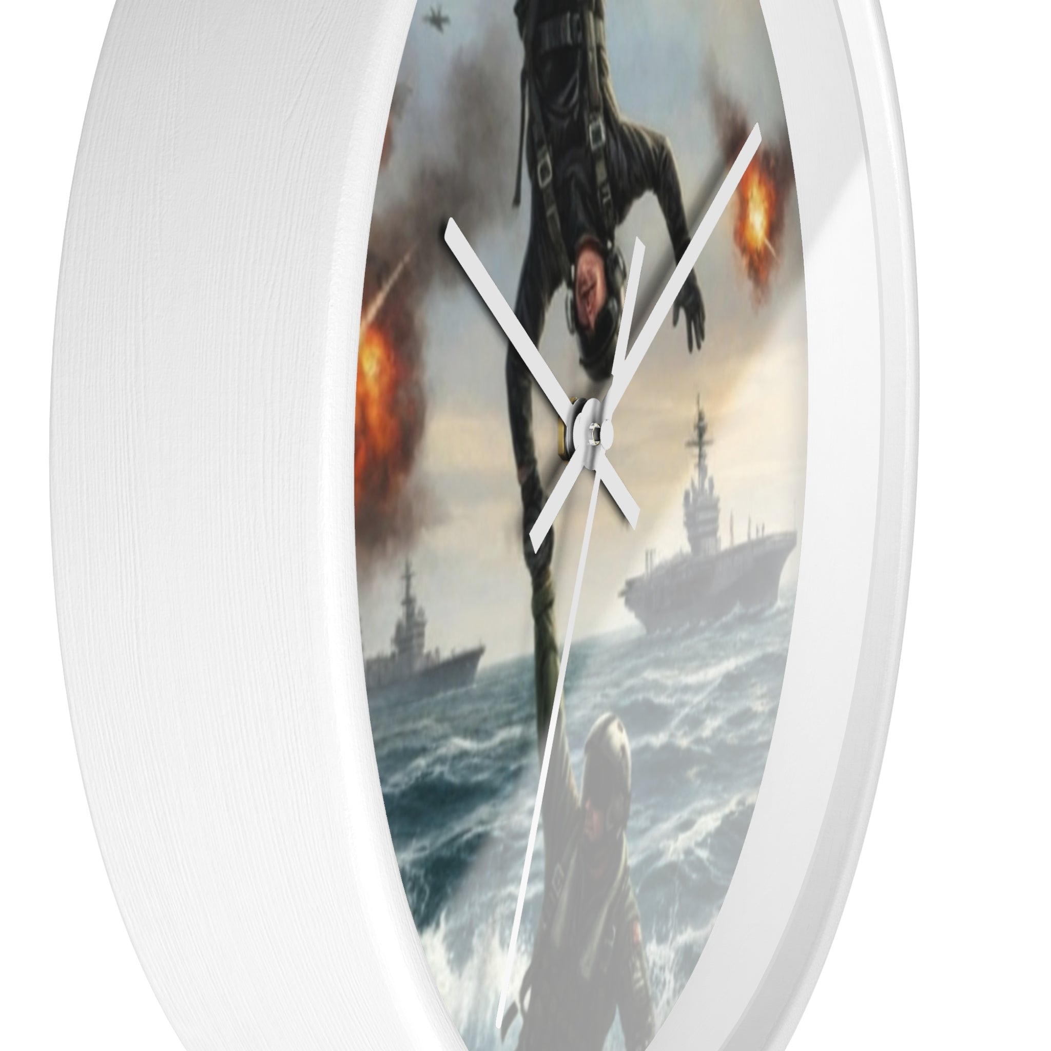 Military Rescue Wall Clock — Navy Helicopter & Sailor Action Scene