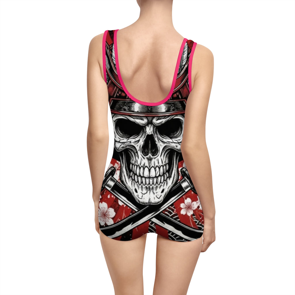 Skull Samurai One-Piece Swimsuit – Vintage Red Floral AOP