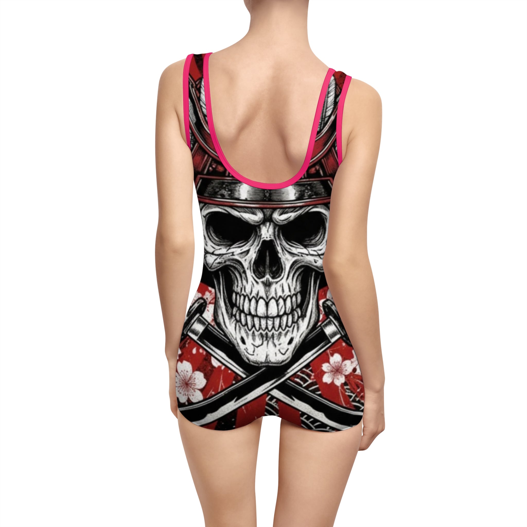 Skull Samurai One-Piece Swimsuit – Vintage Red Floral AOP