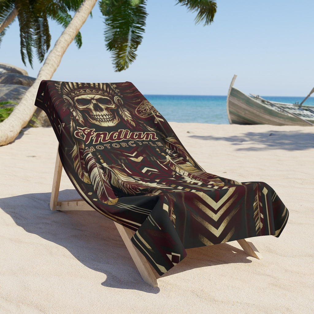 Indian Motorcycle Skull & Feather Beach Towel — Vintage Biker Tribal Design