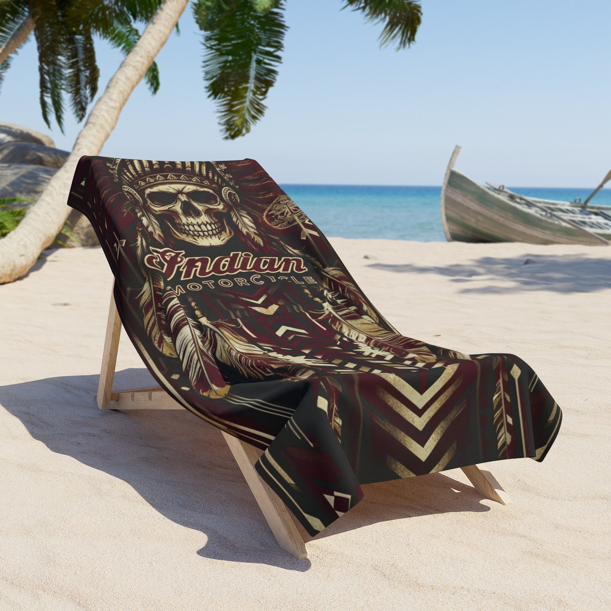 Indian Motorcycle Skull & Feather Beach Towel — Vintage Biker Tribal Design