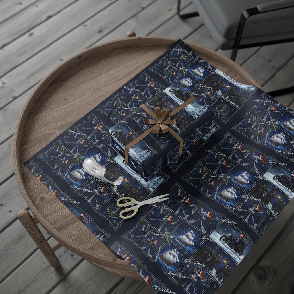 Wrapping Paper - Festive Navy Holiday Scene Gift Wrap (Snow, Sleigh, Night Sky)